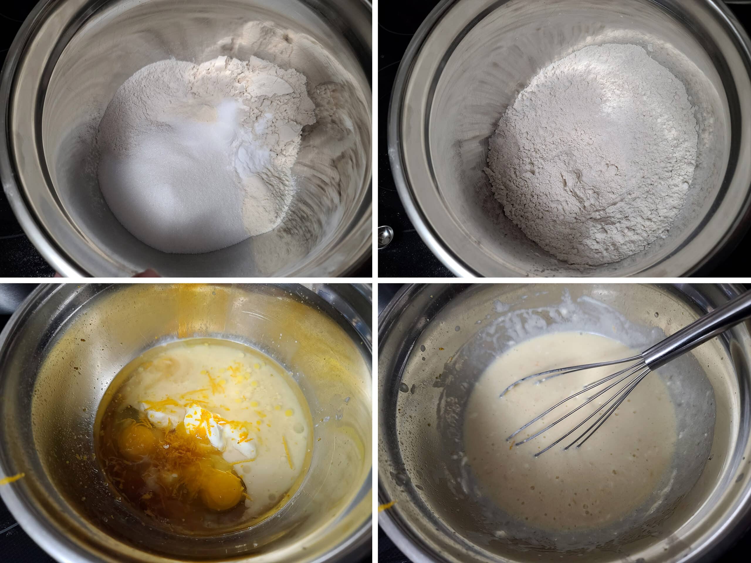 4 part image showing the dry ingredients being mixed in one bowl, and the wet ingredients being whisked in another.
