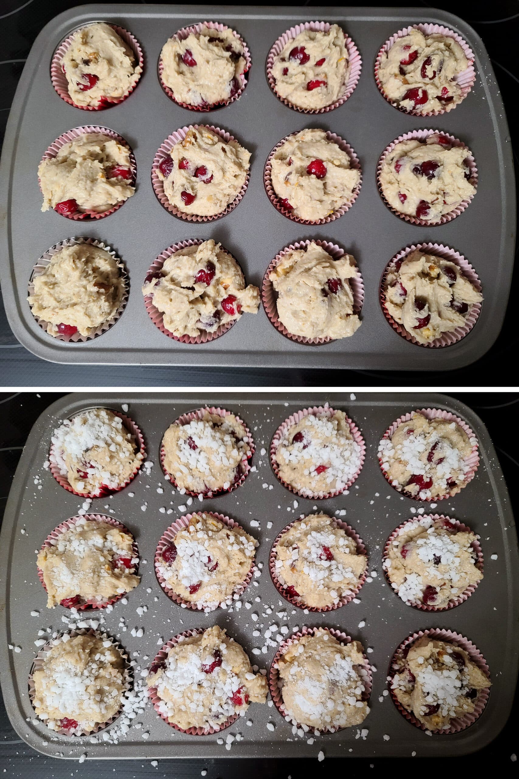 The pan of unbaked gluten free cranberry walnut muffins, before and after sprinkling chunky sugar over them,