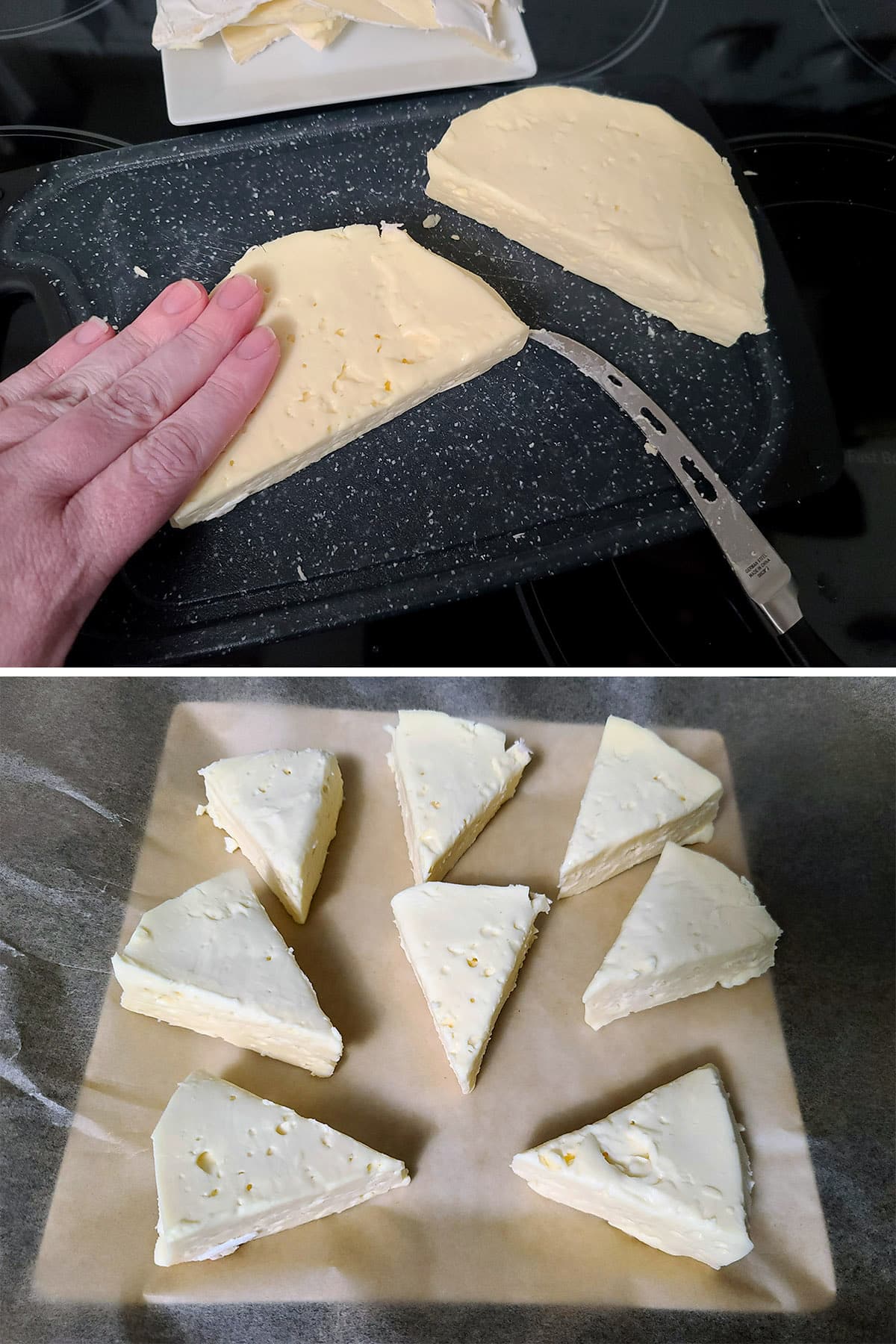 A 2 part image showing a hand pressing down on a half moon of brie, and a pate with 8 small brie wedges on it.