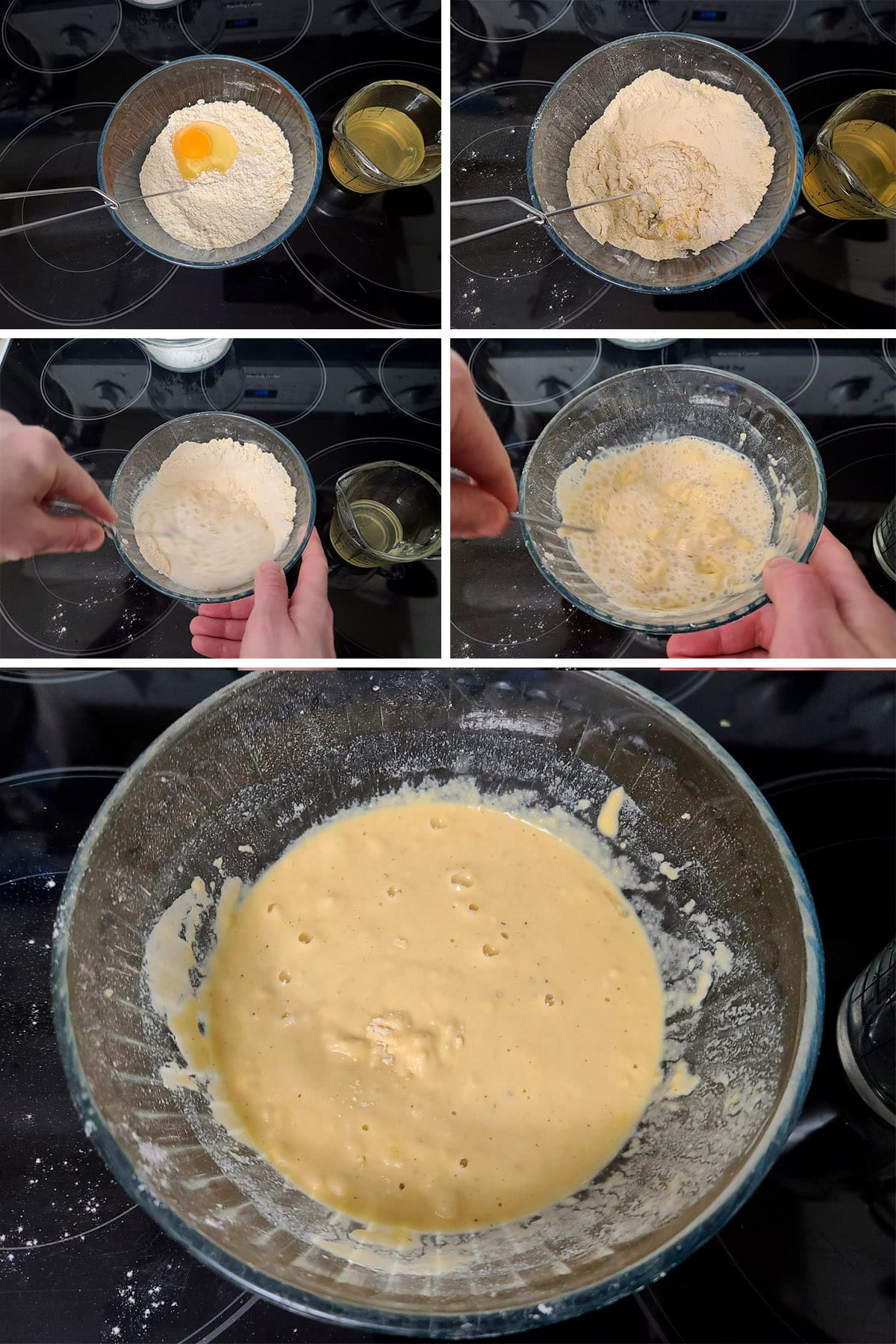 A 5 part image showing the batter being mixed together.
