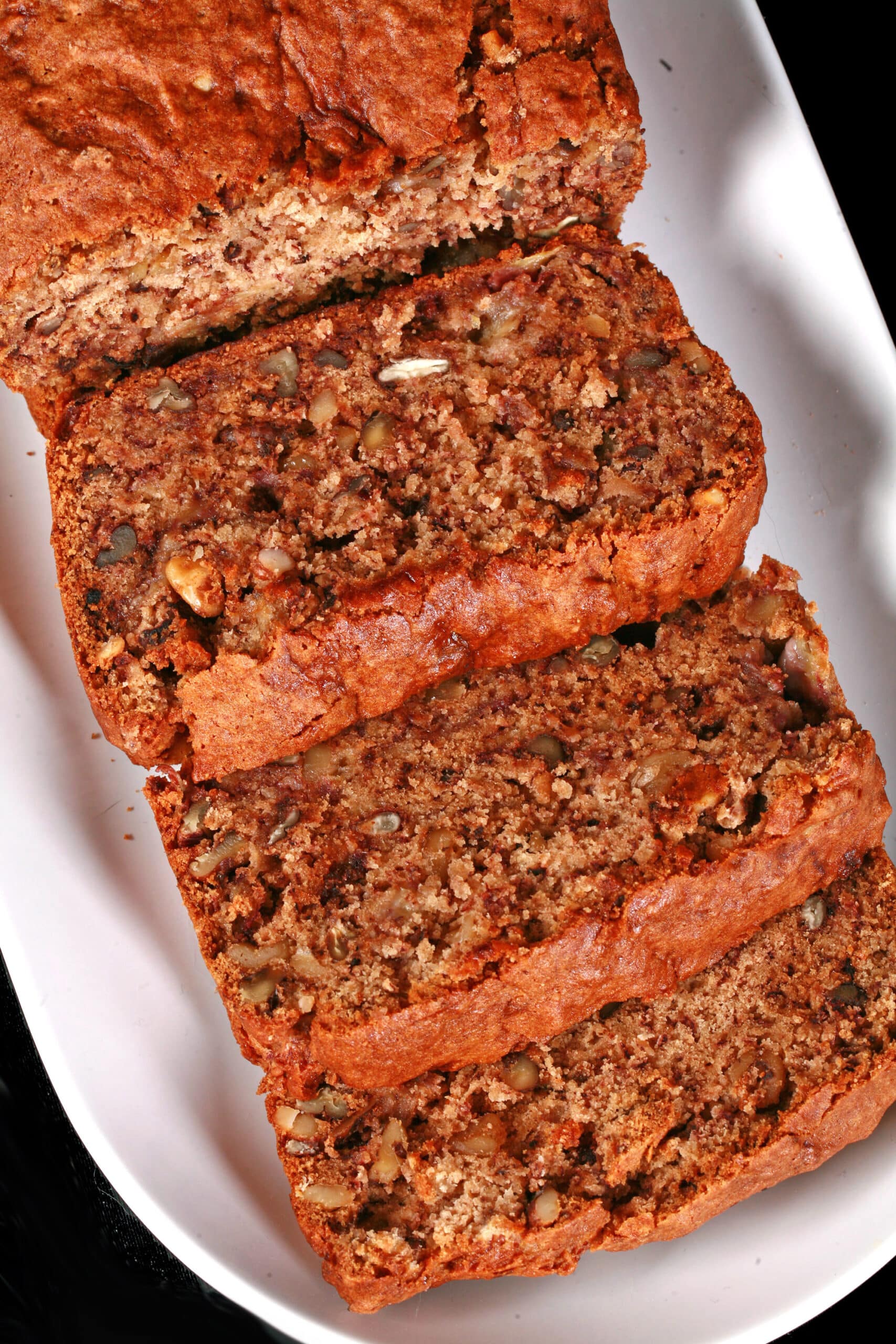 A sliced loaf of egg free, gluten-free banana bread.
