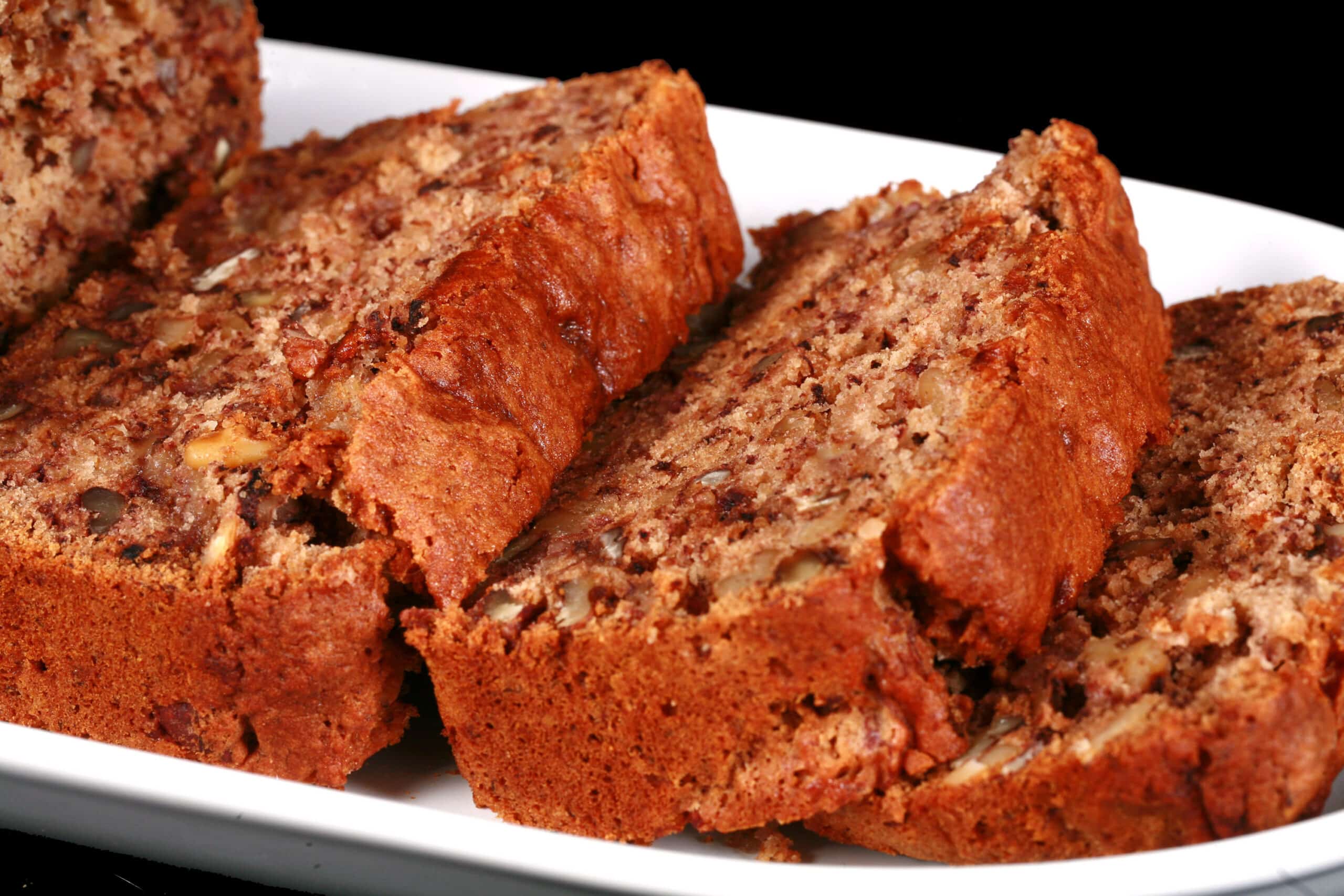 A sliced loaf of eggless, gluten-free banana bread.