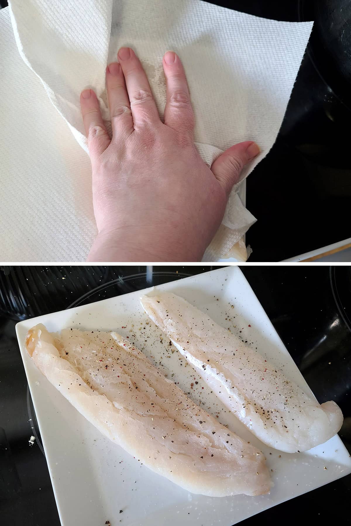 2 part image showing cod loins being patted dry with paper towel then seasoned with salt and pepper.
