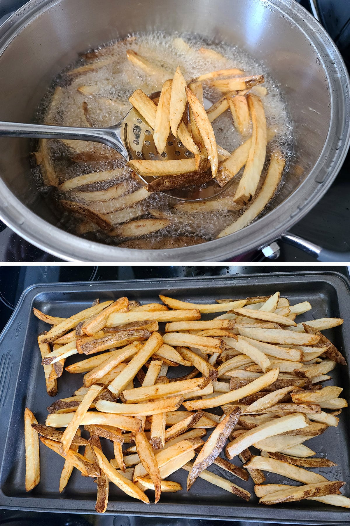 A 2 part image showing a metal slotted spoon removing partly cooked fries from the oil and spreading them on a baking sheet.