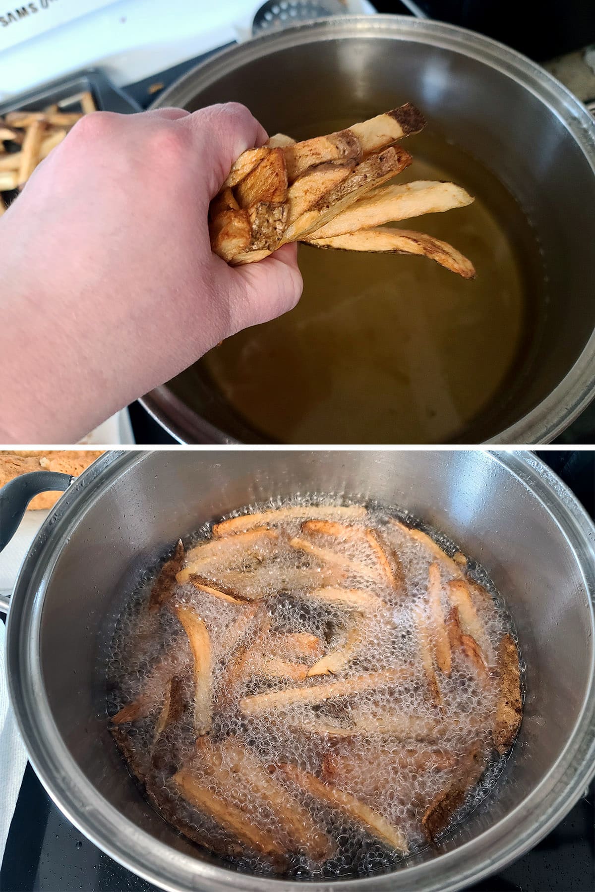 A 2 part image showing par cooked fries being added to a pot of hot oil, and deep frying in that pot.