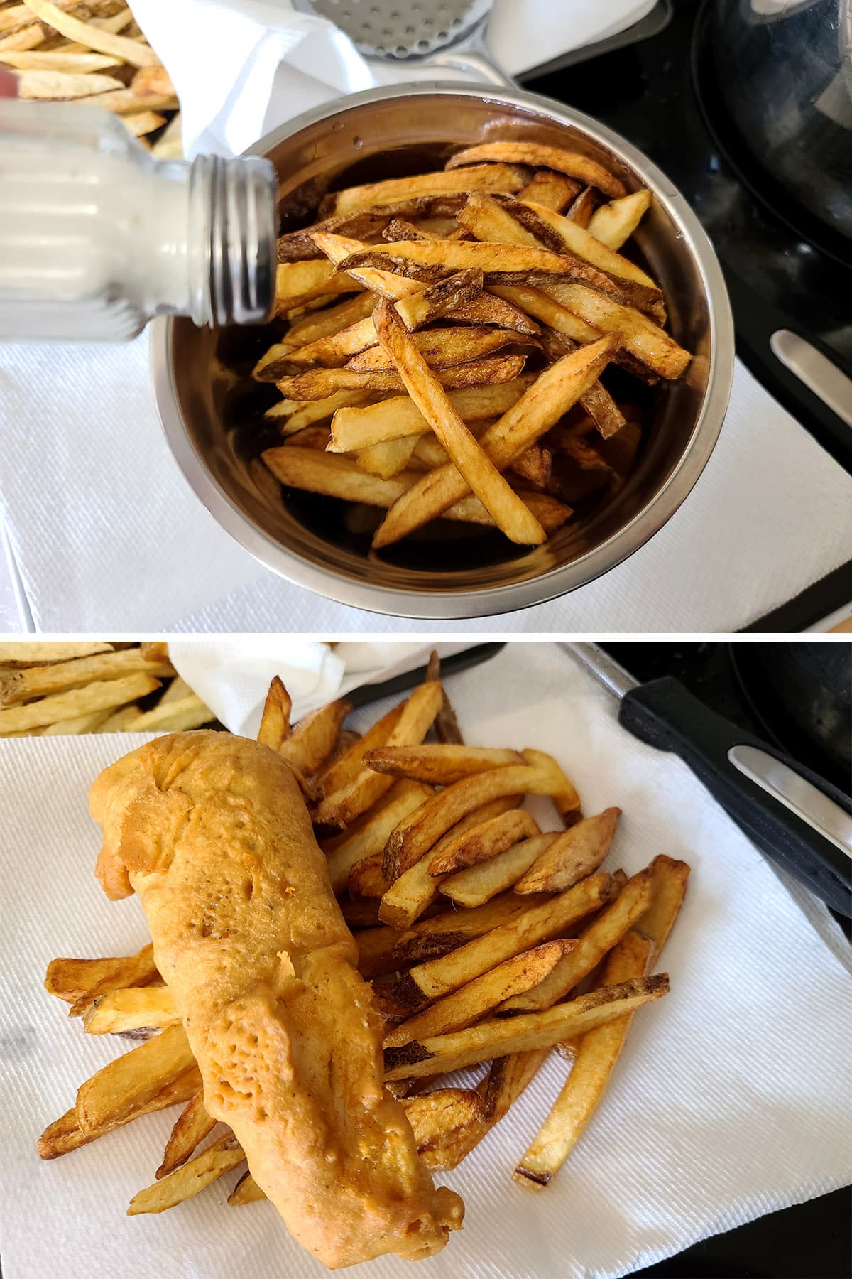 A 2 part image showing the fries being salted in a metal bowl, and a plate of gluten-free fish and chips.