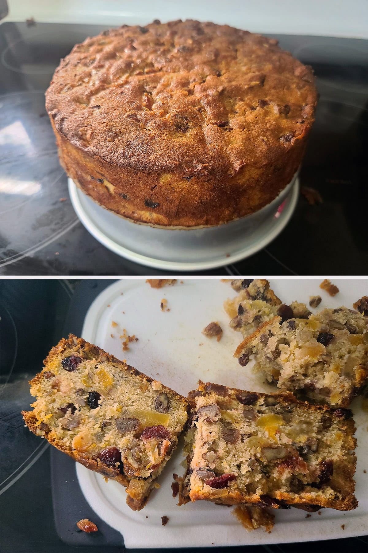 A 2 part image showing the cake being removed from the pan and sliced.