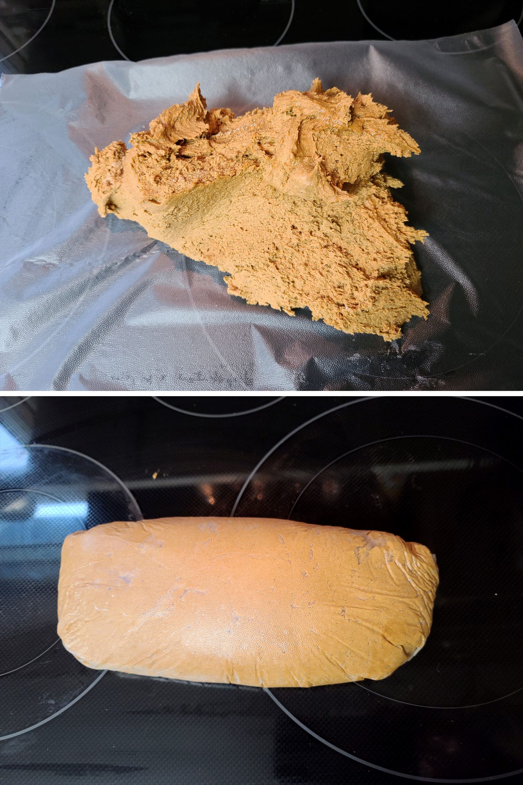 2 part image showing the gluten free ginger molasses cookie batter being wrapped in plastic wrap.