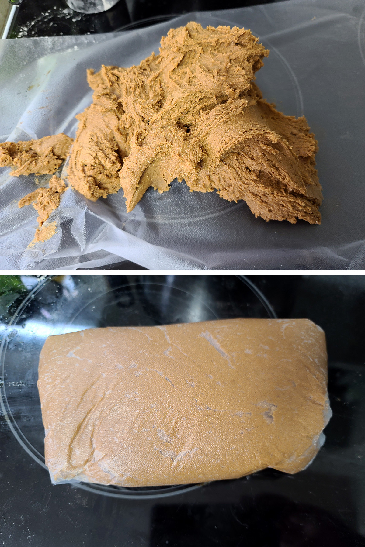 A mound of wet gingerbread dough, then the dough wrapped in plastic wrap.