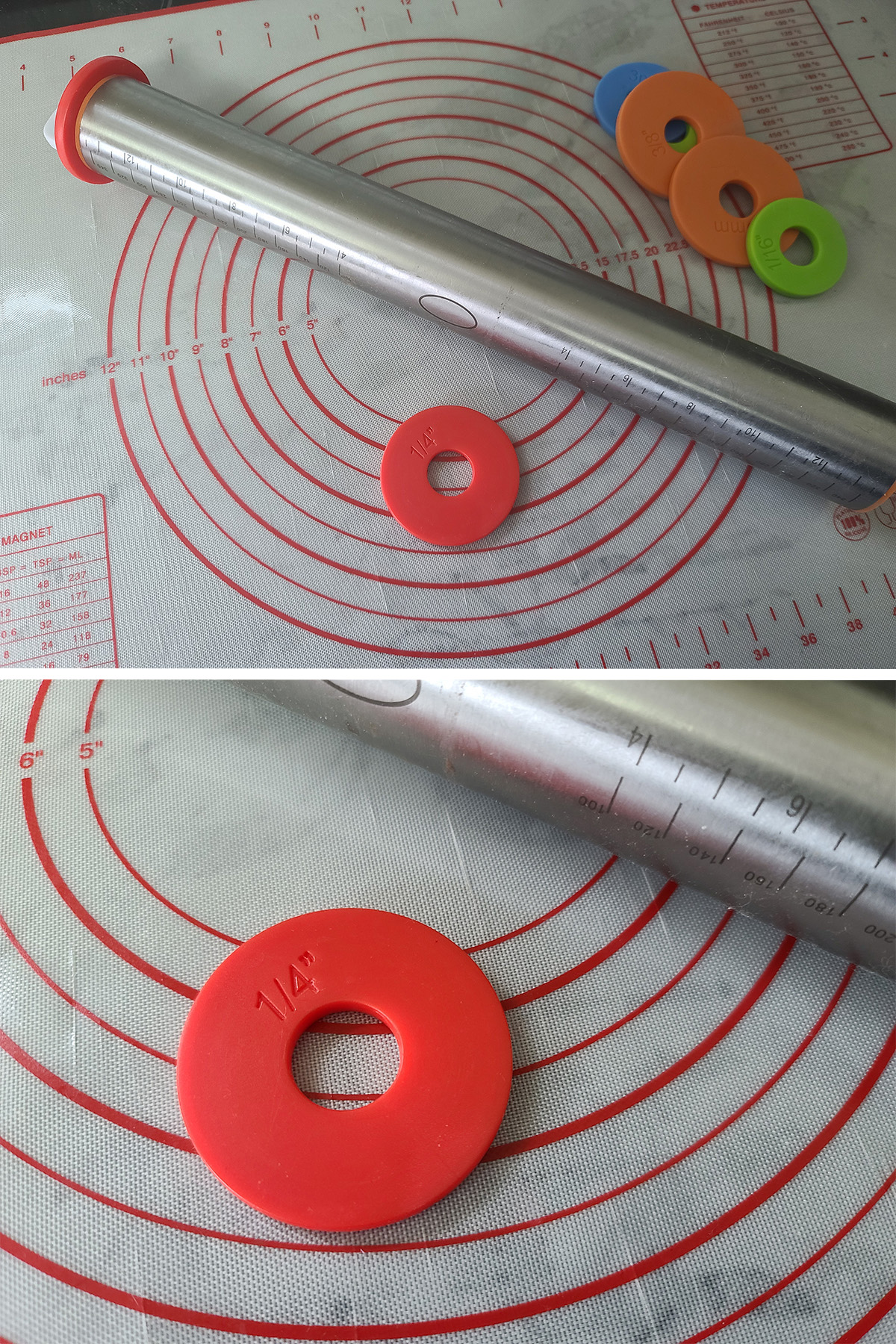 A silicone pastry mat, along with an adjustable rolling pin.