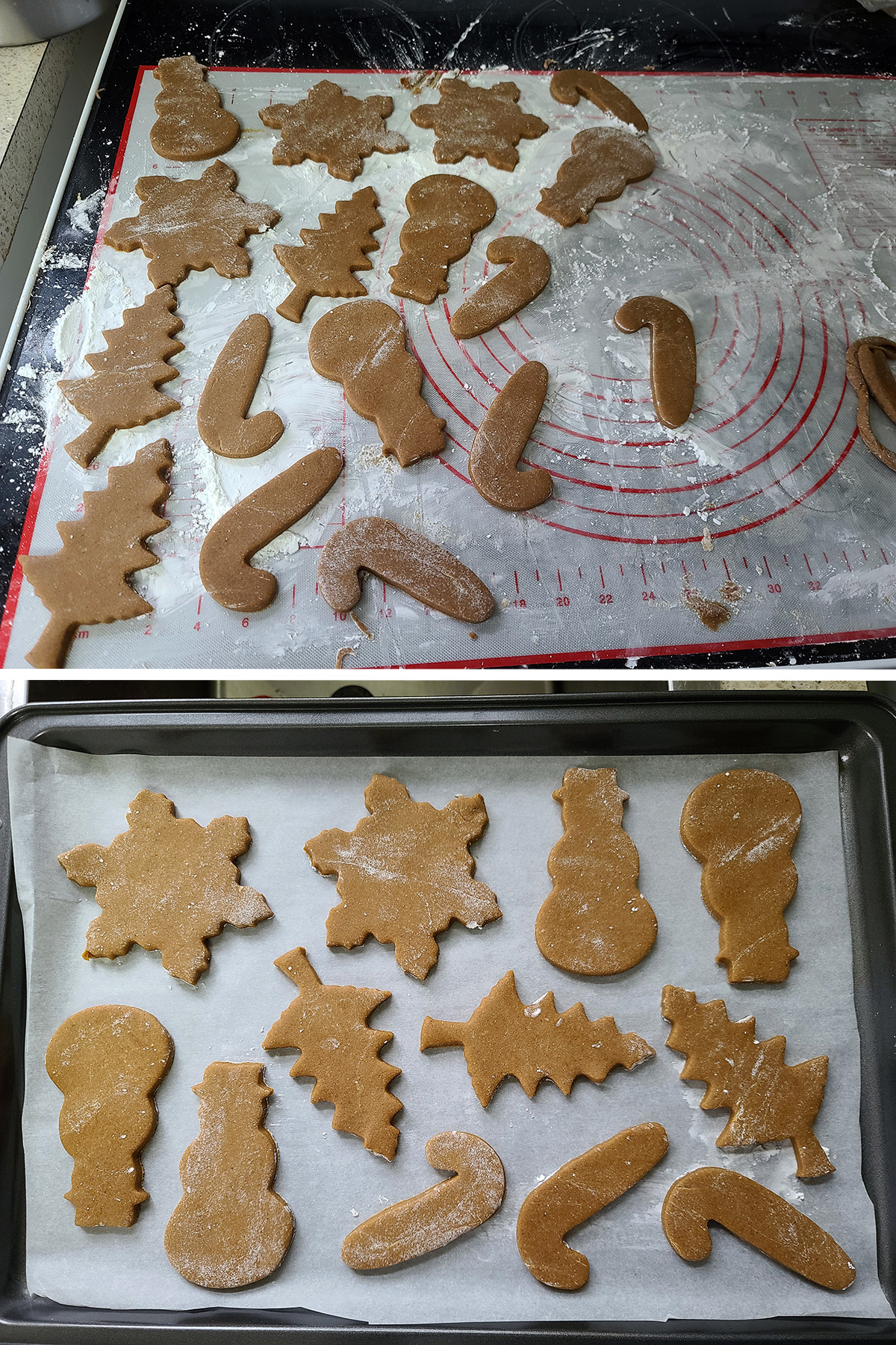 Holiday shapes cut out from gluten-free gingerbread dough and arranged on baking sheets.