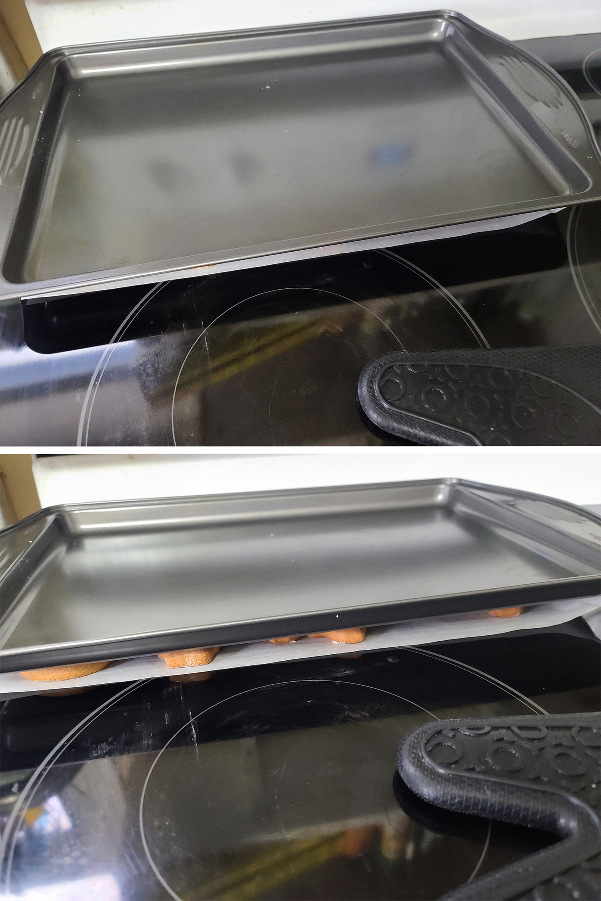 One cooke sheet positioned over another one. The bottom one has freshly baked cookies on it.