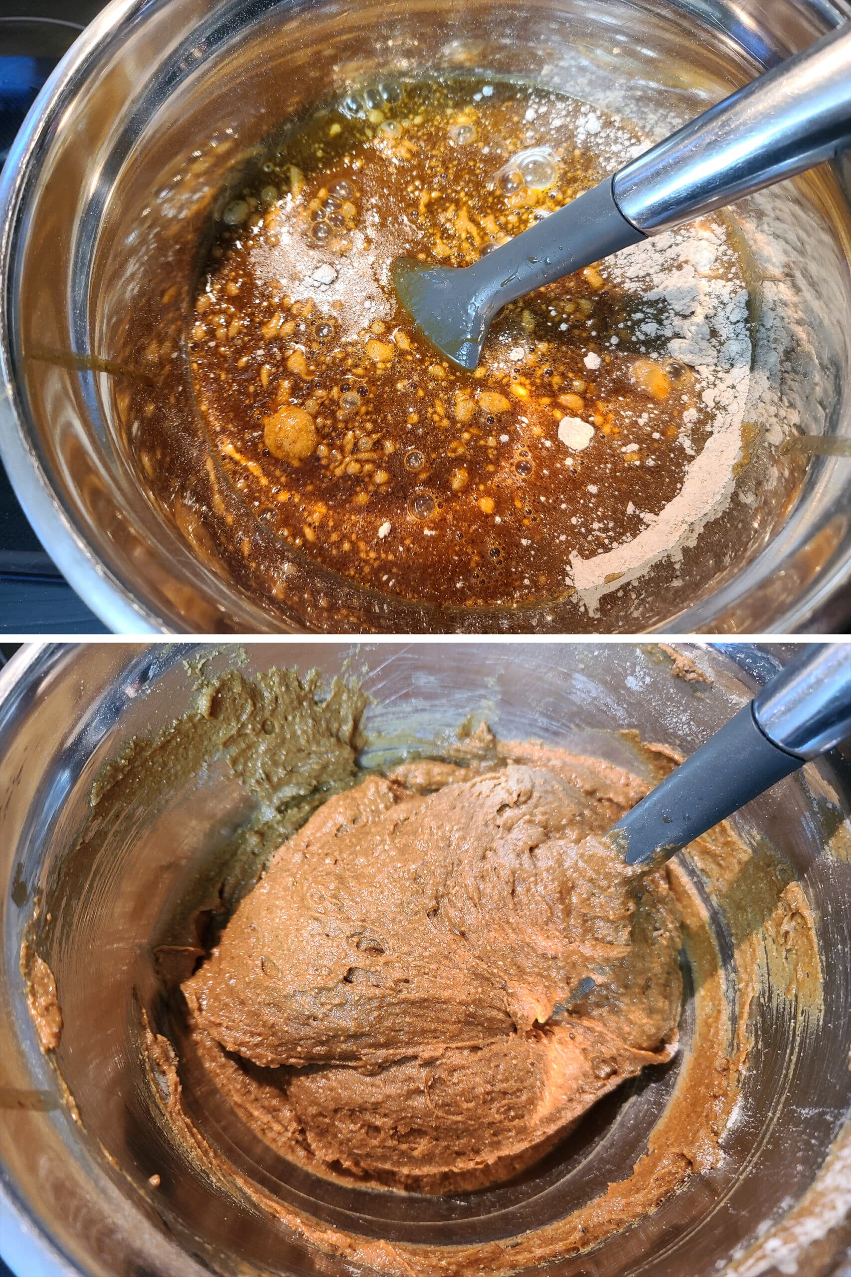 2 part image showing the wet ingredients being added to the bowl of gluten free flour mixture and stirred together.
