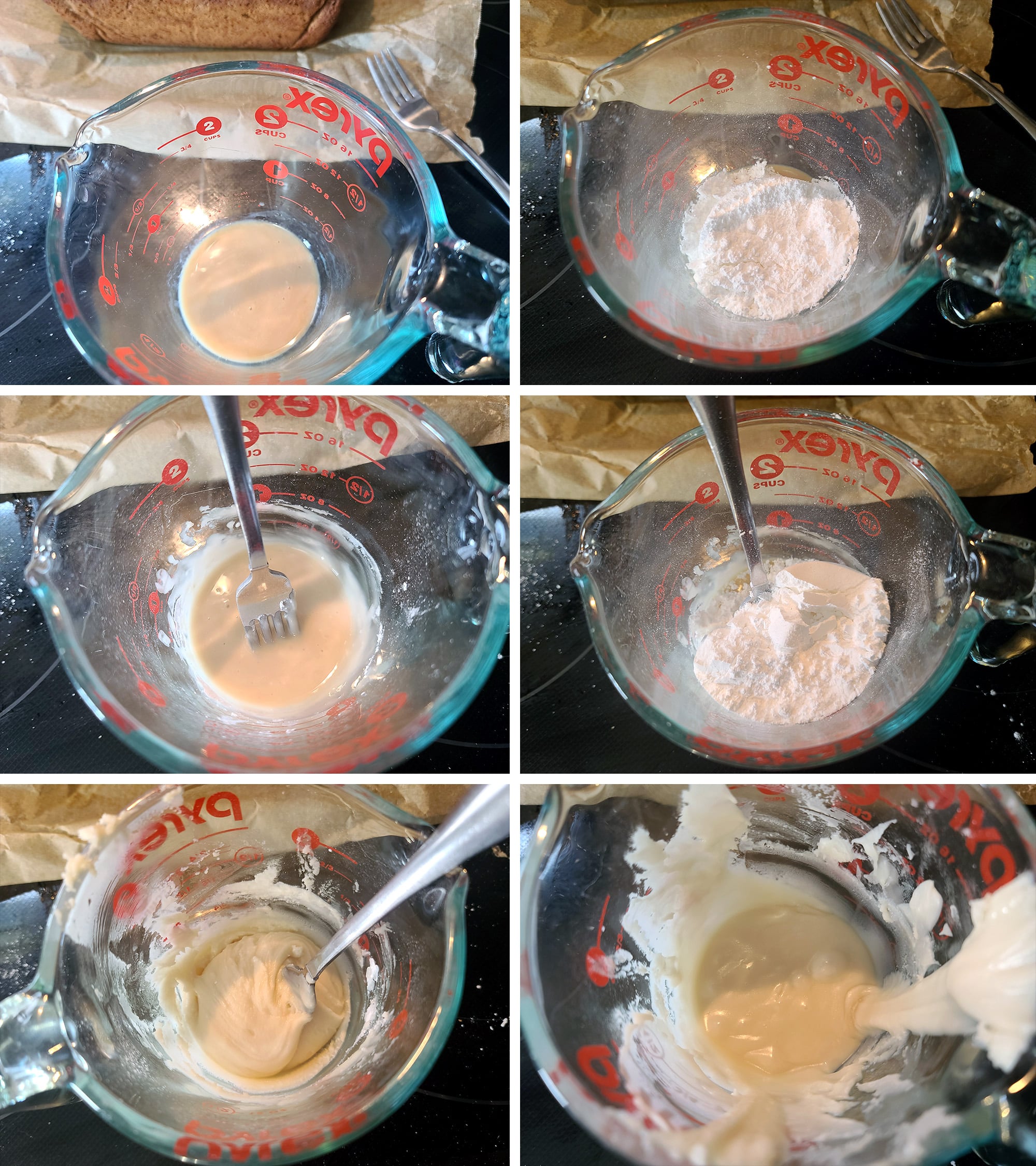 6 part image showing the vanilla glaze being whisked together in a glass measuring cup.