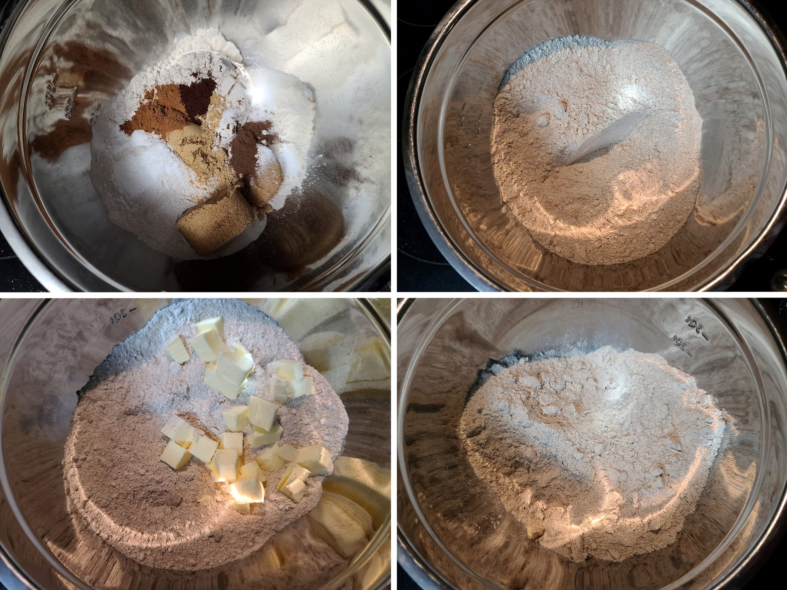 4 part image showing the dry ingredients being mixed together, and the butter being cut in.