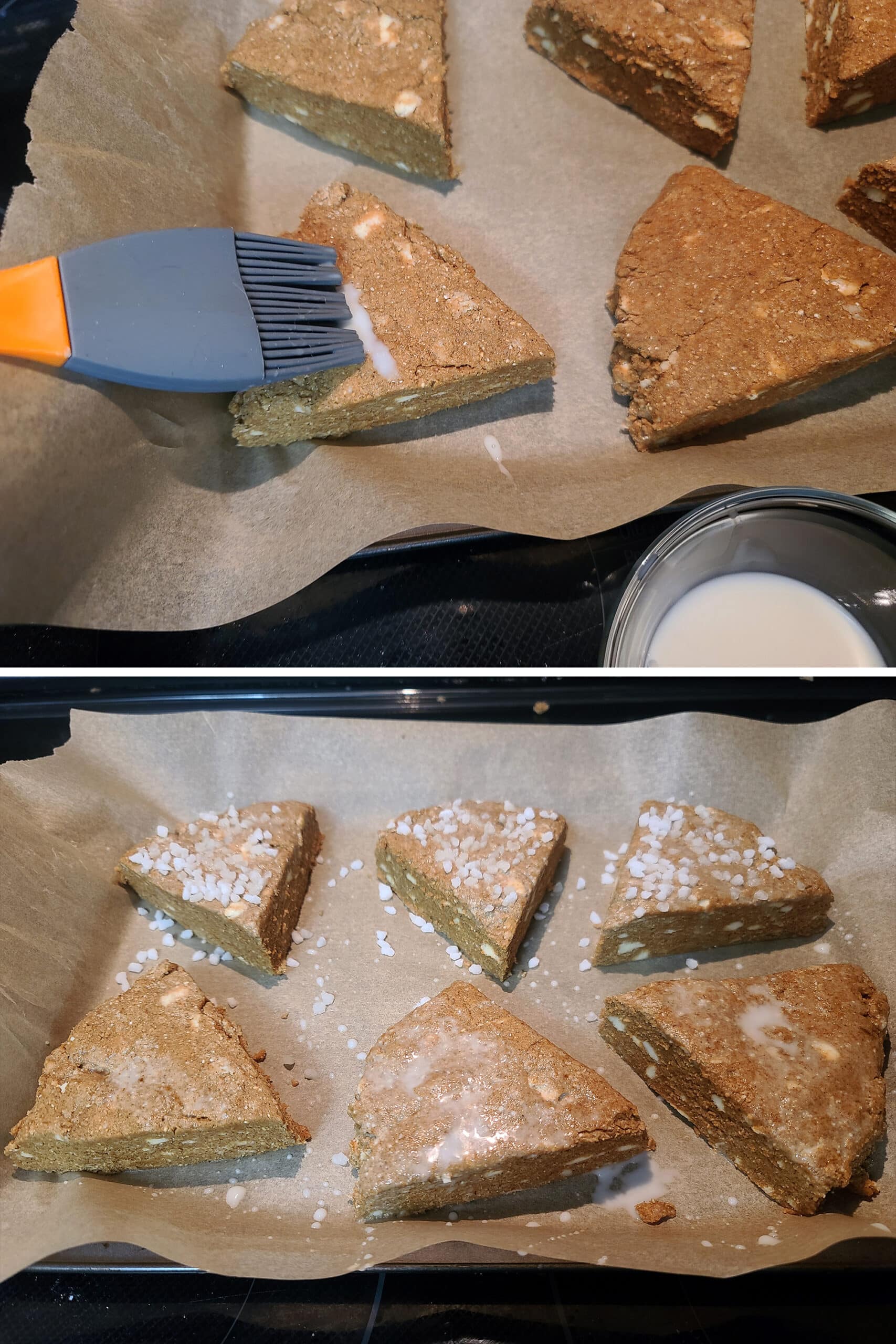 2 part image showing milk being brushed over the gluten free scones, then half sprinkled with pearl sugar.