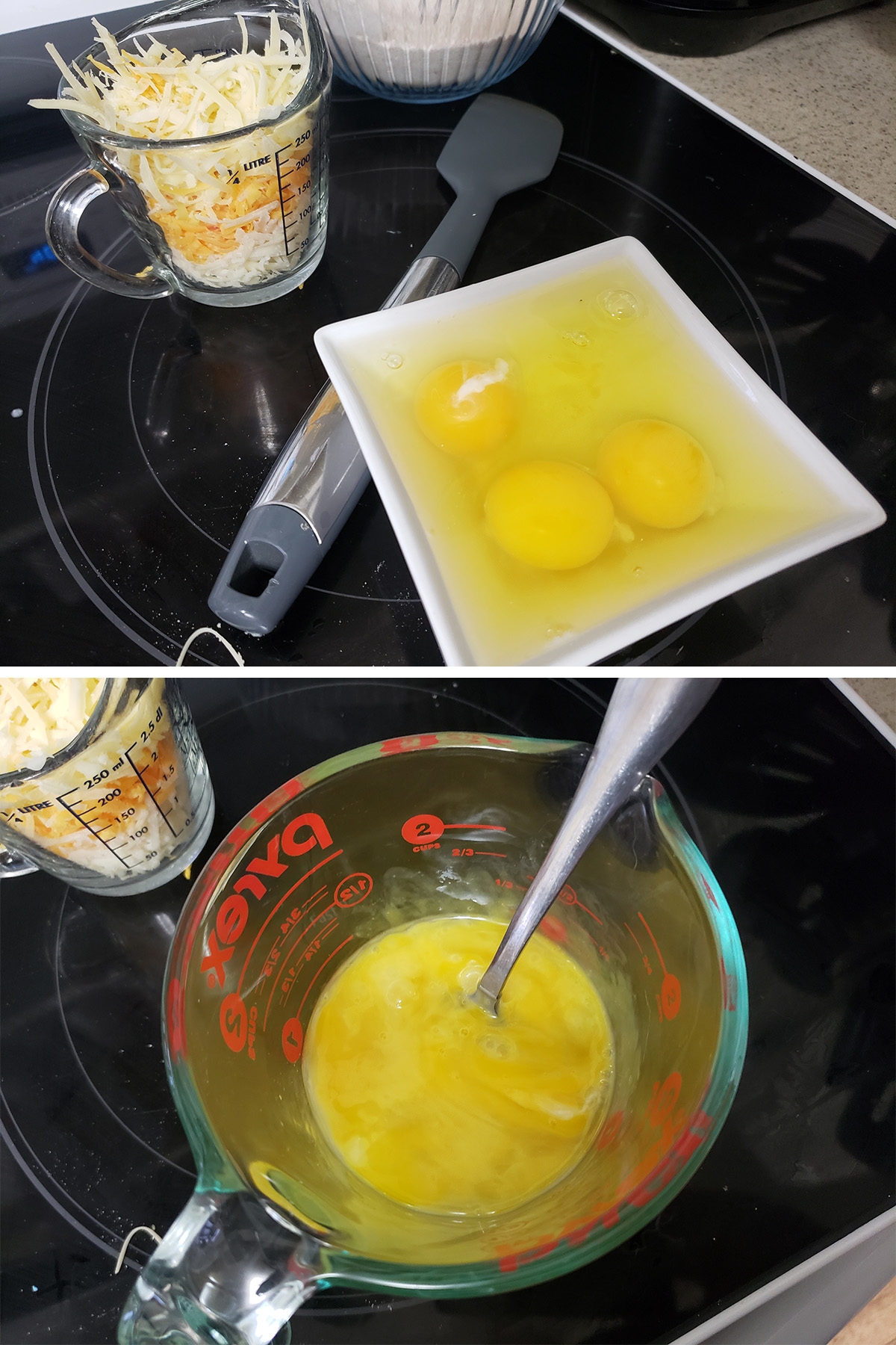 A two part compilation image showing eggs and egg whites in a bowl, and those same items whisked together.