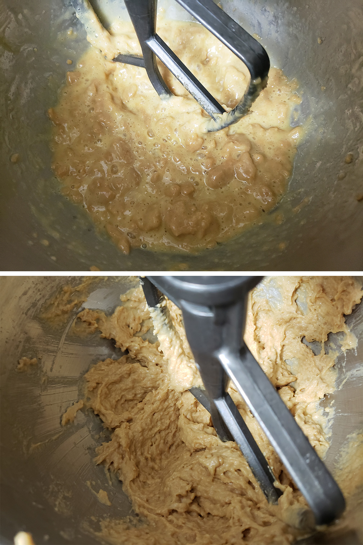 A two part compilation image showing the dough at 2 different stages- first as a curdled looking mixture, then as a smooth dough.