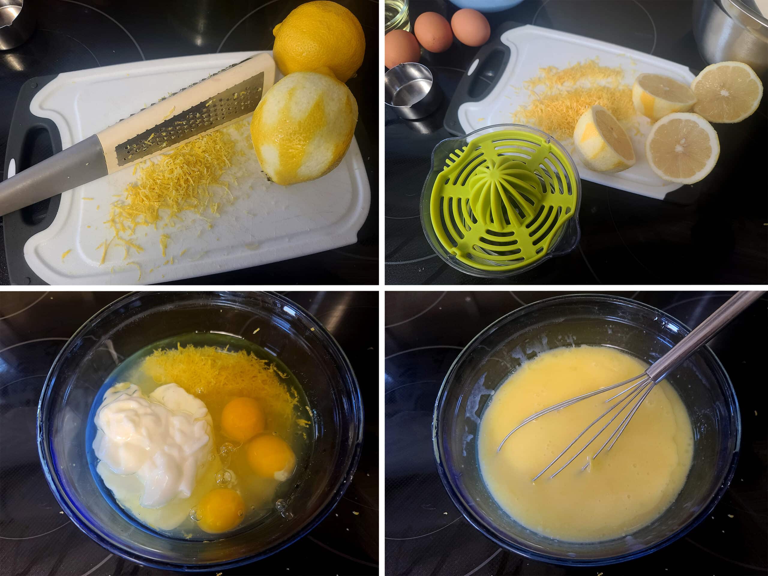 A 4 part image showing the lemons being zested and juiced, and the wet ingredients being mixed in a bowl.