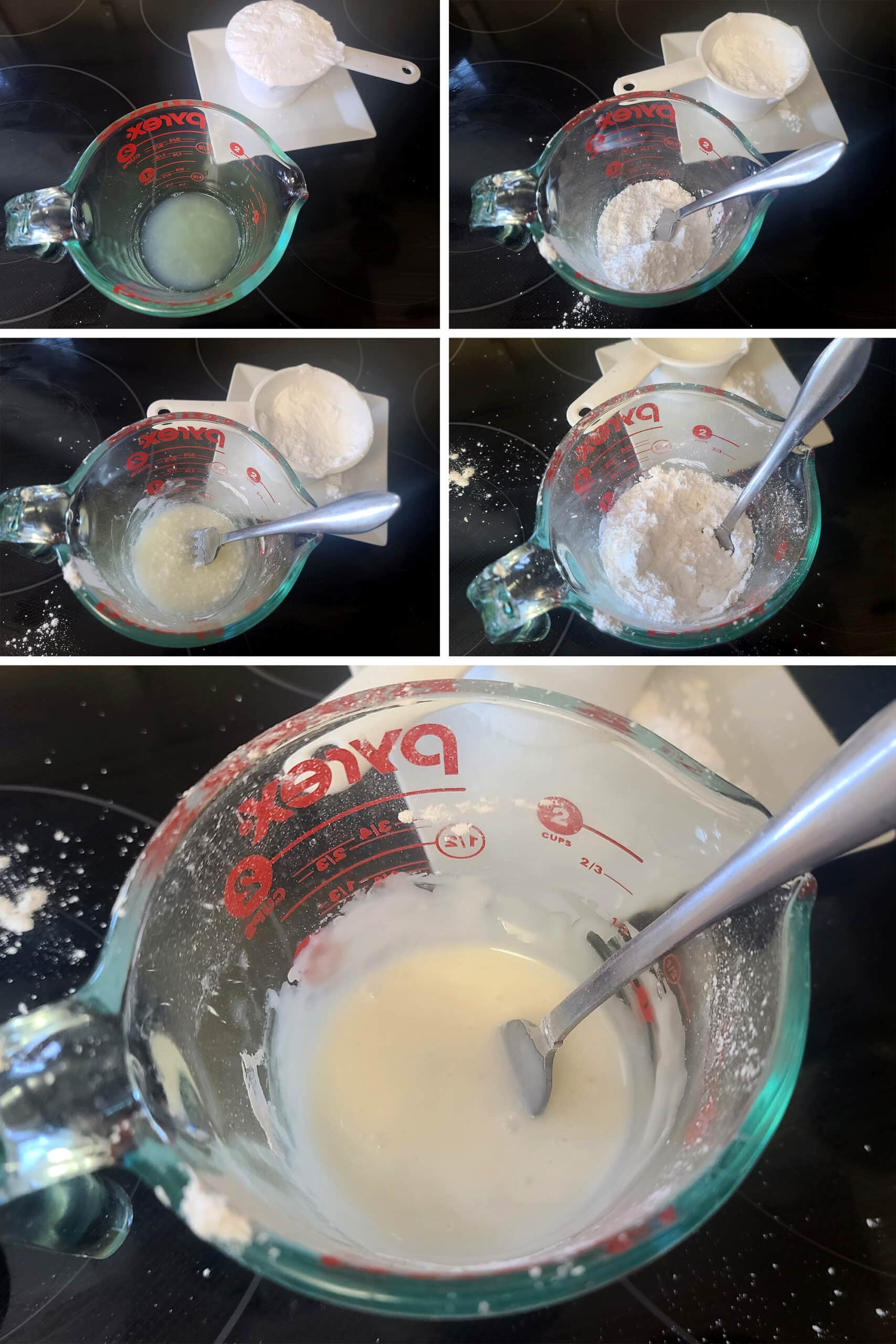 A 5 part image showing the glaze being mixed.