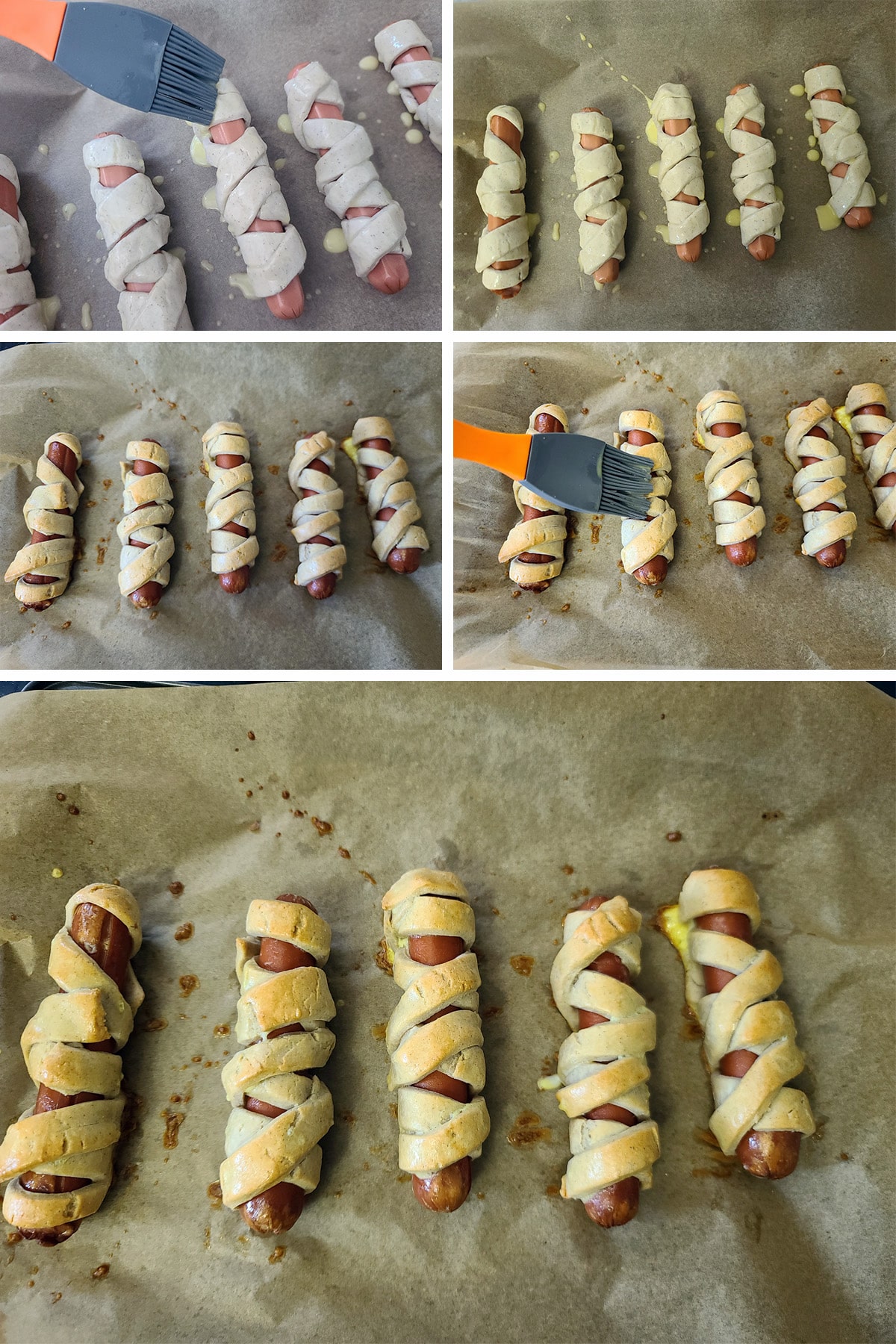 A 5 part image showing the mummy dogs being brushed with egg wash, baked, brised again, and baked again.