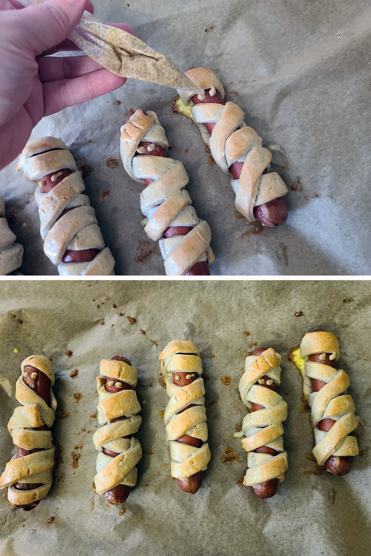 A 2 part image showing mustard being piped as eyes on the mummy dogs.