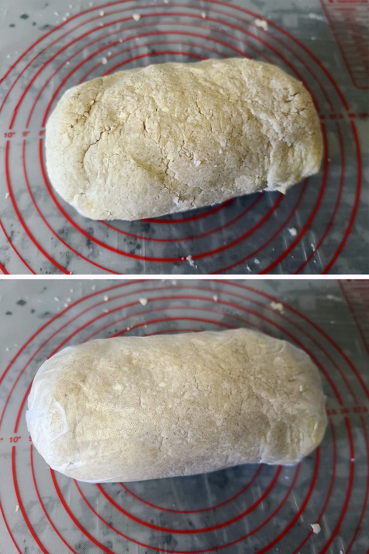 A ball of easy gluten free pastry dough in a loaf, before and after being rolled in plastic.