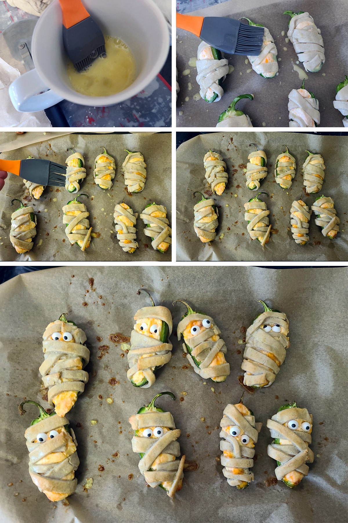 A 5 part image showing the prepared gluten free jalapeno poppers being brushed with egg and baked.