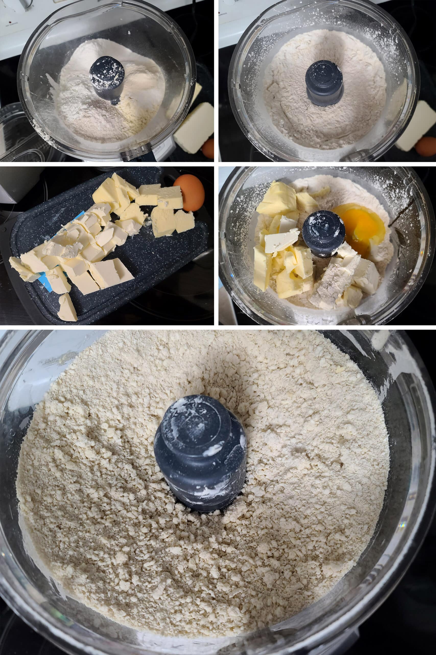 5part image showing the dry ingredients being mixed, then blitzed with the cream cheese, butter, and egg.