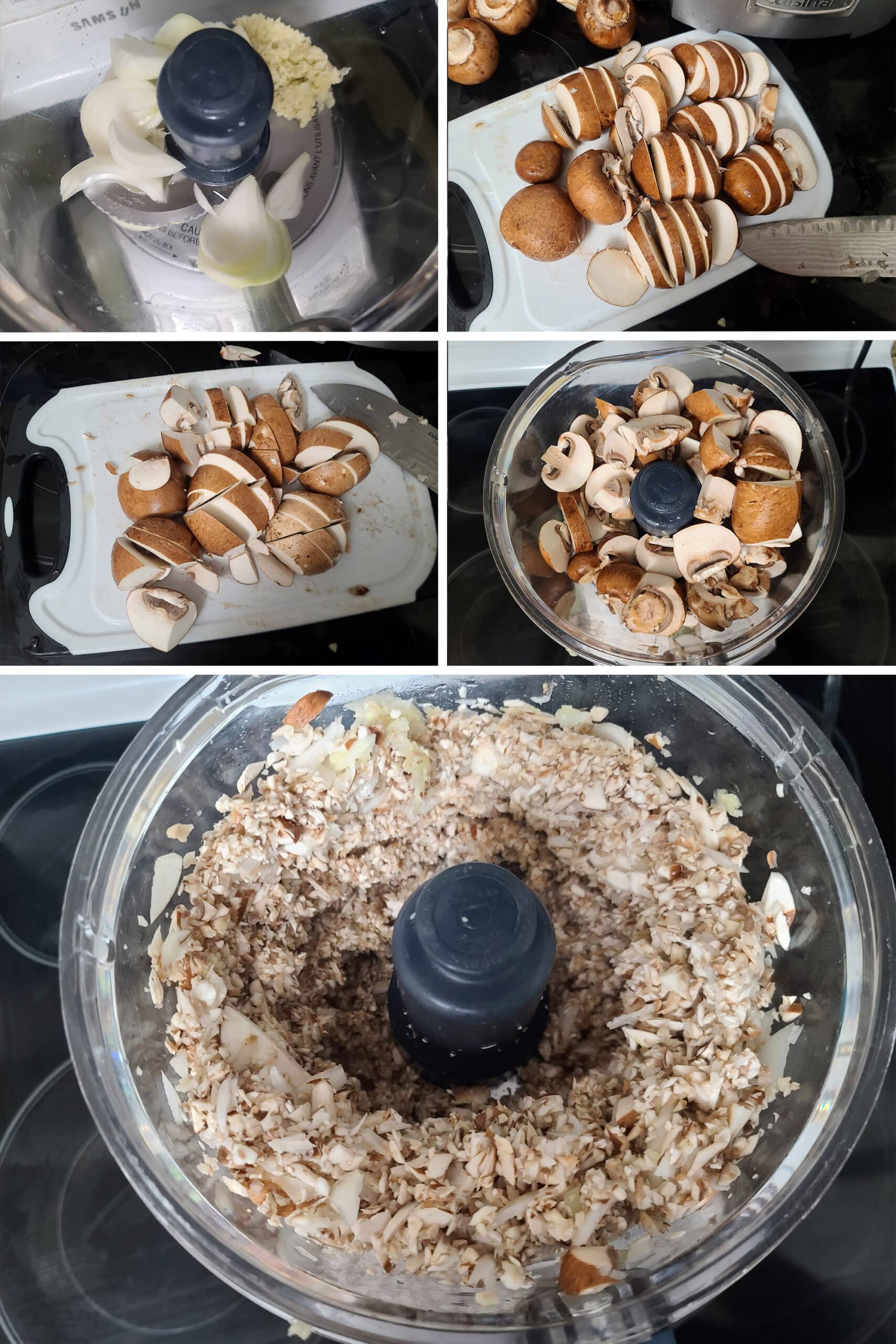 5 part image showing the onions and mushrooms being chopped on a cutting board, then finely chopped in a food processor.