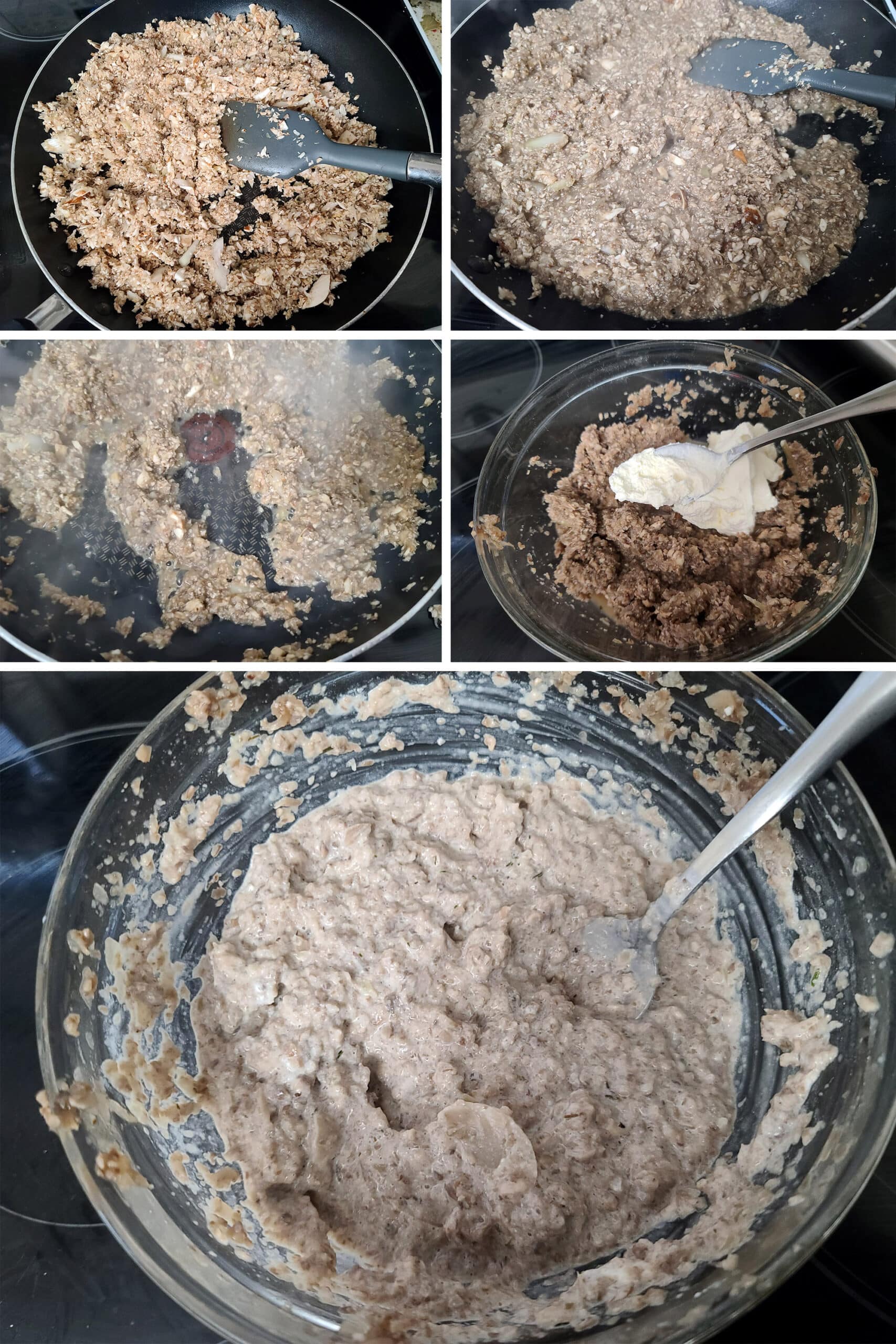5 part image showing the mushrooms cooking down and the sour cream and herbs being stirred in.