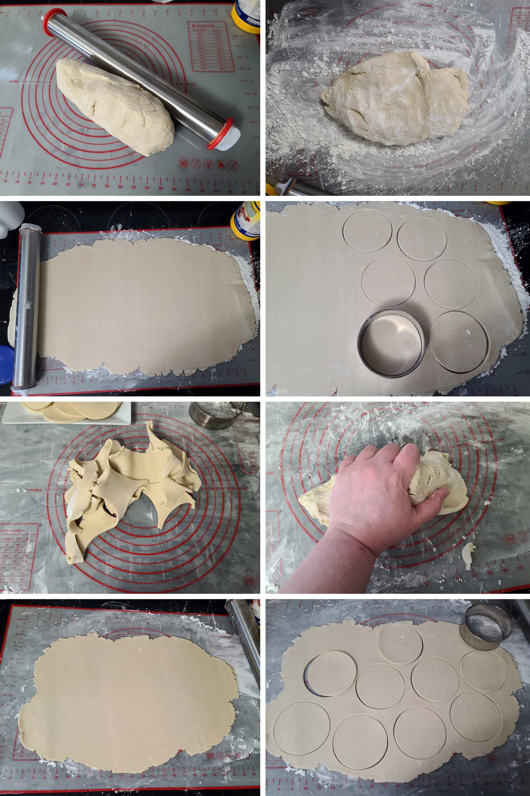 8 part image showing the dough being rolled out and cut with a round cookie cutter. The scraps are re-rolled and cut.
