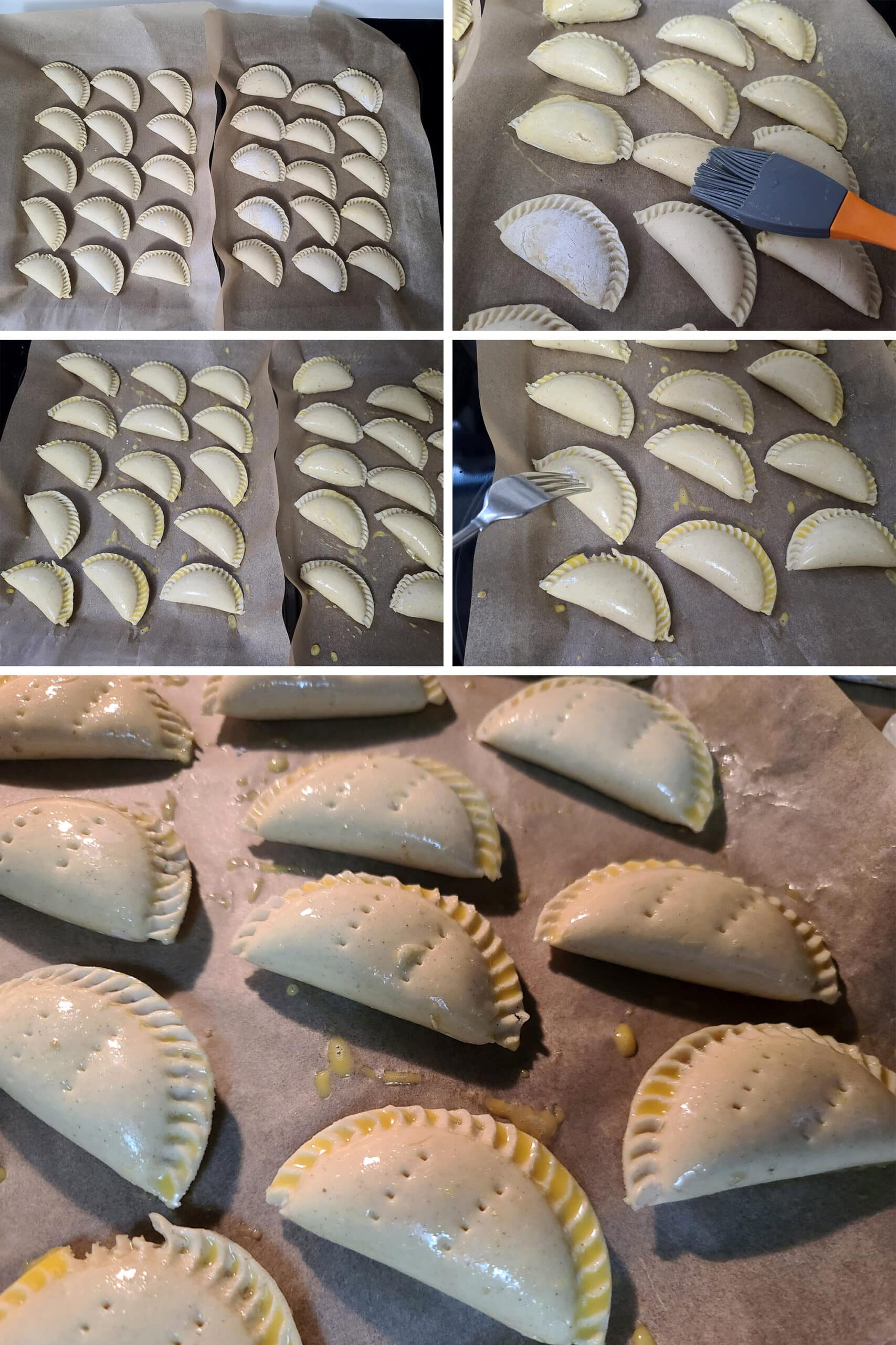 5 part image showing the pans of mushroom turnovers being brushed with egg wash and pricked with a fork.