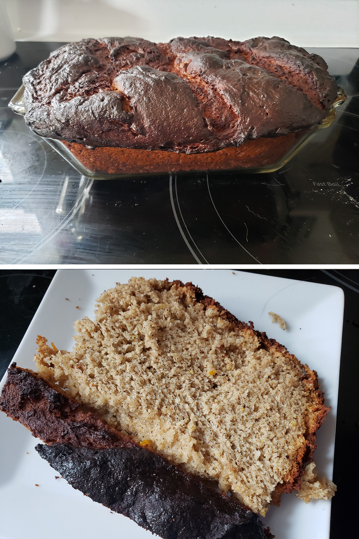 A two part compilation image showing a burnt loaf of bread on top, and a slice of bread on the bottom image.