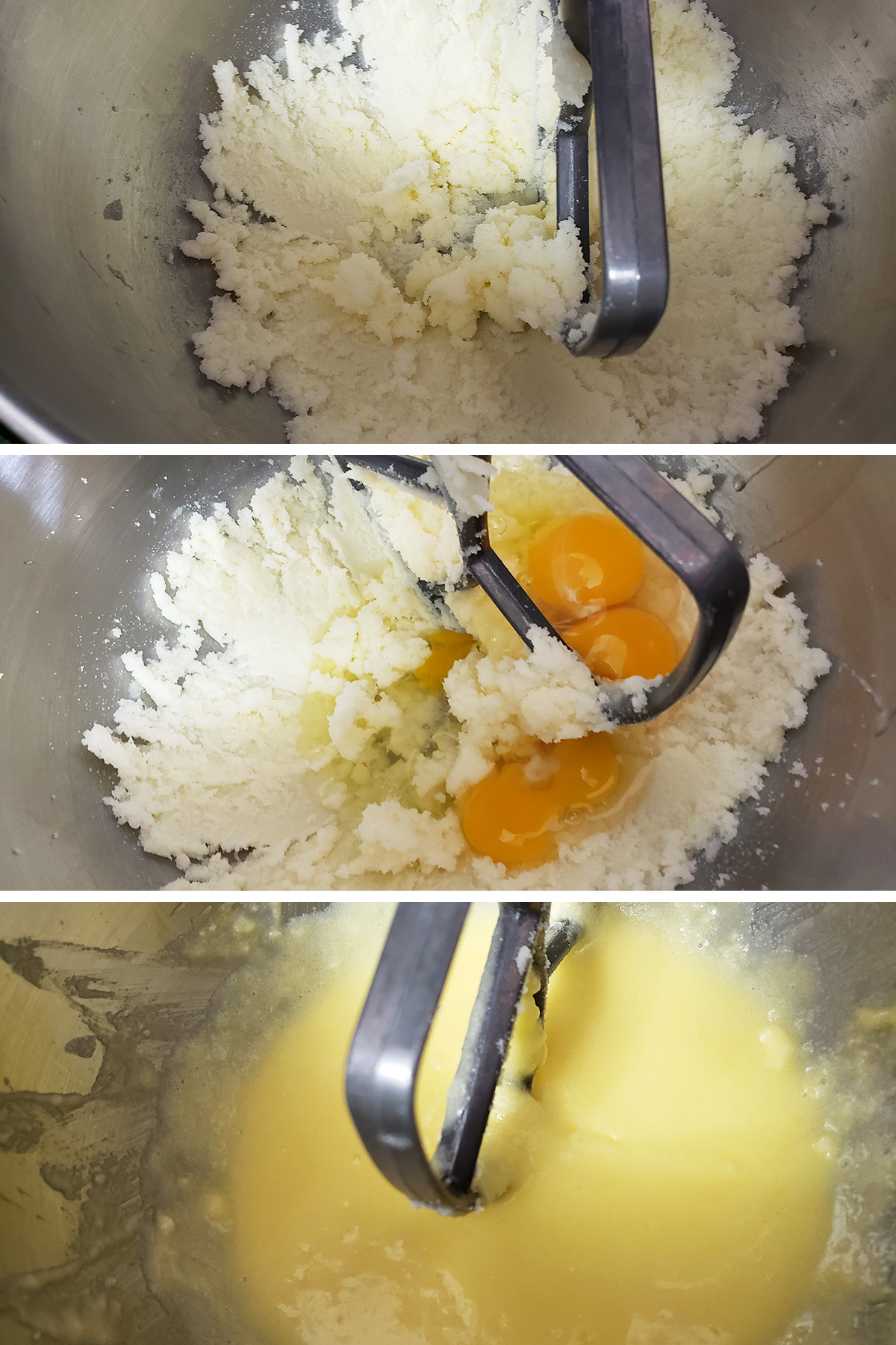 A 3 part compilation image showing butter and sugar being beaten together, the addition of eggs, and a smooth yellow batter.