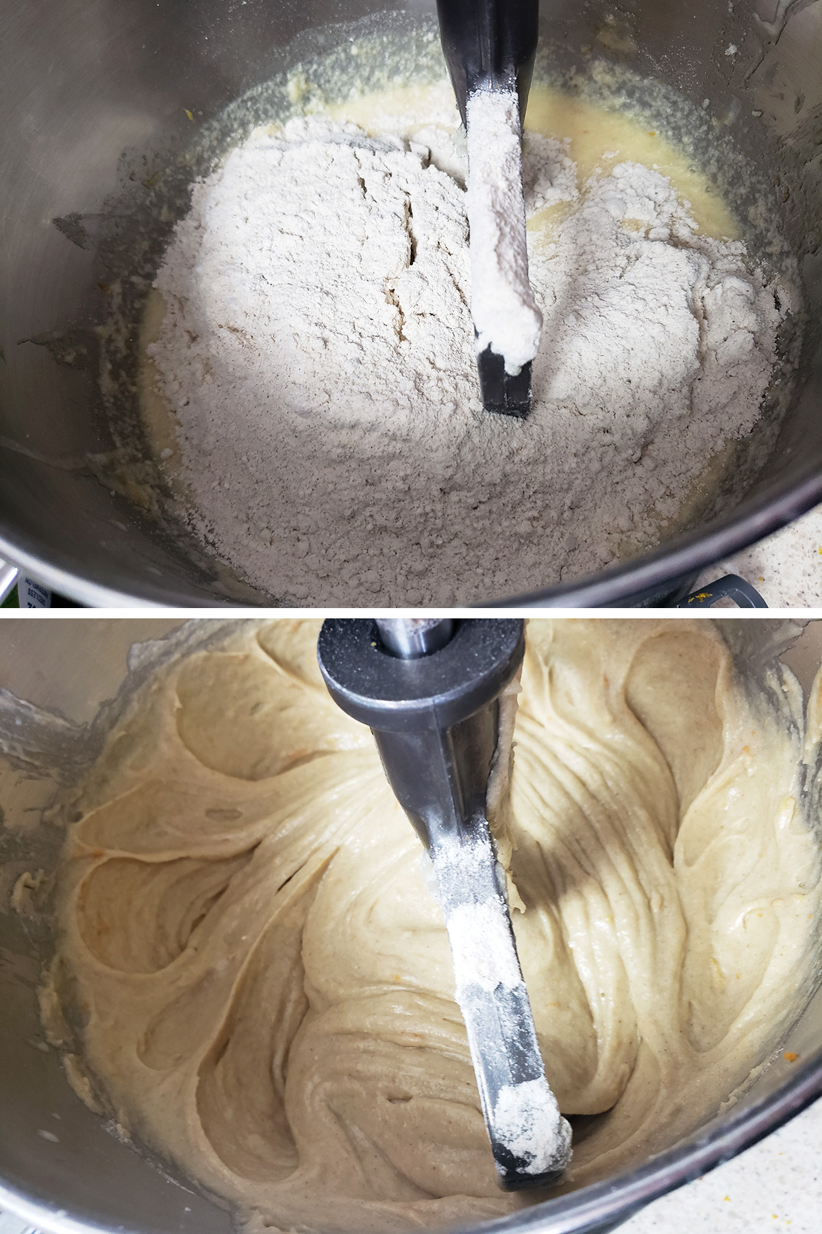 A two part compilation image showing flour being added the the batter, and the final batter after mixing.