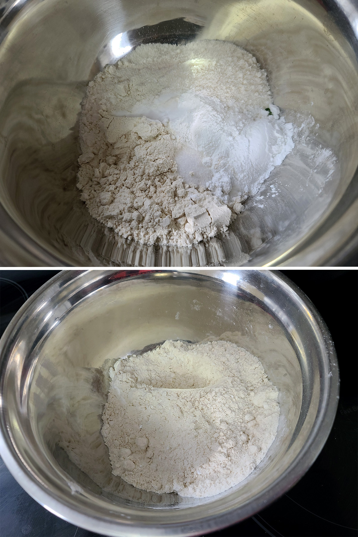 A 2 part image showing the dry ingredients being mixed in a bowl.