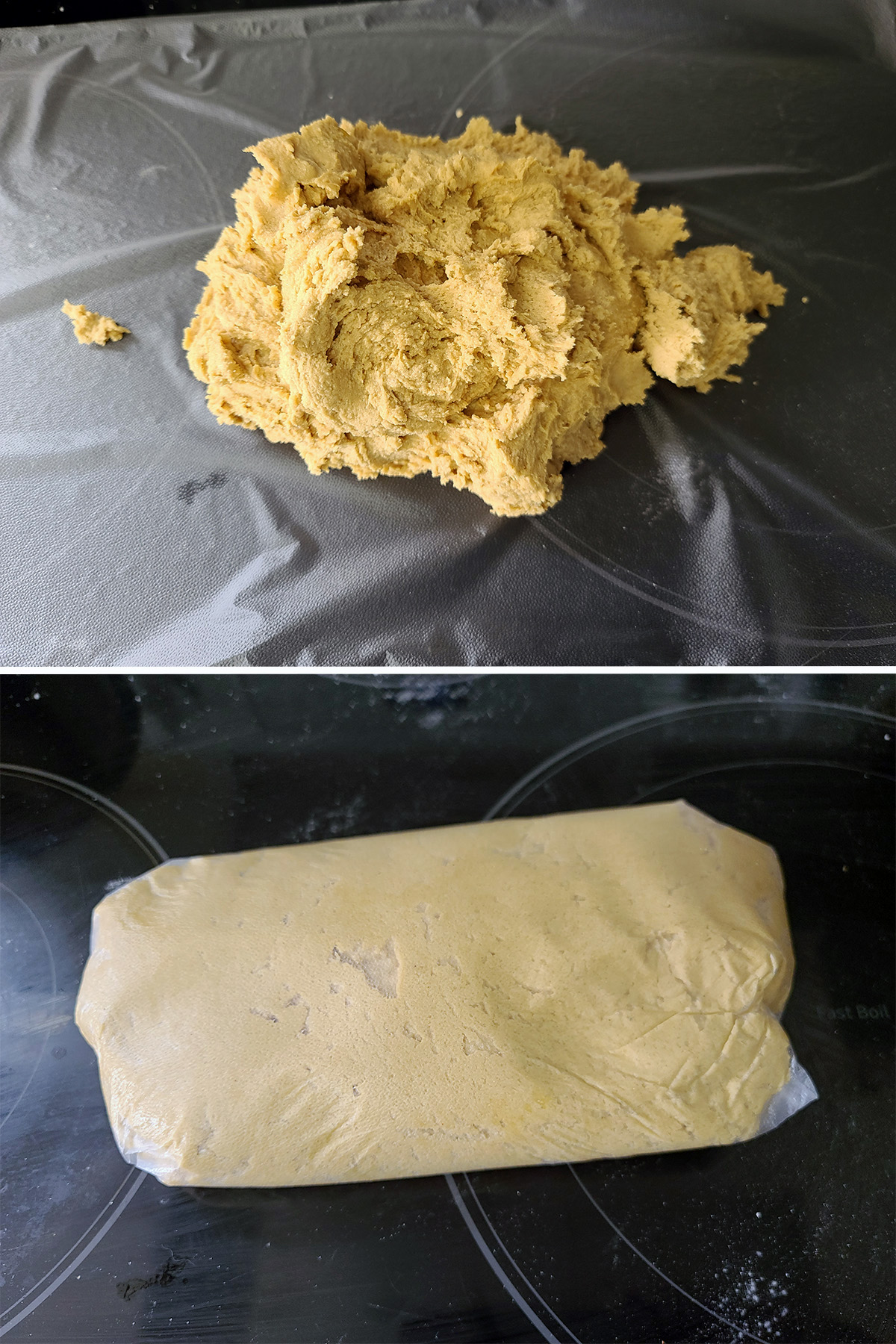 A 2 part image showing the gluten free peanut butter cookie dough being wrapped in plastic.