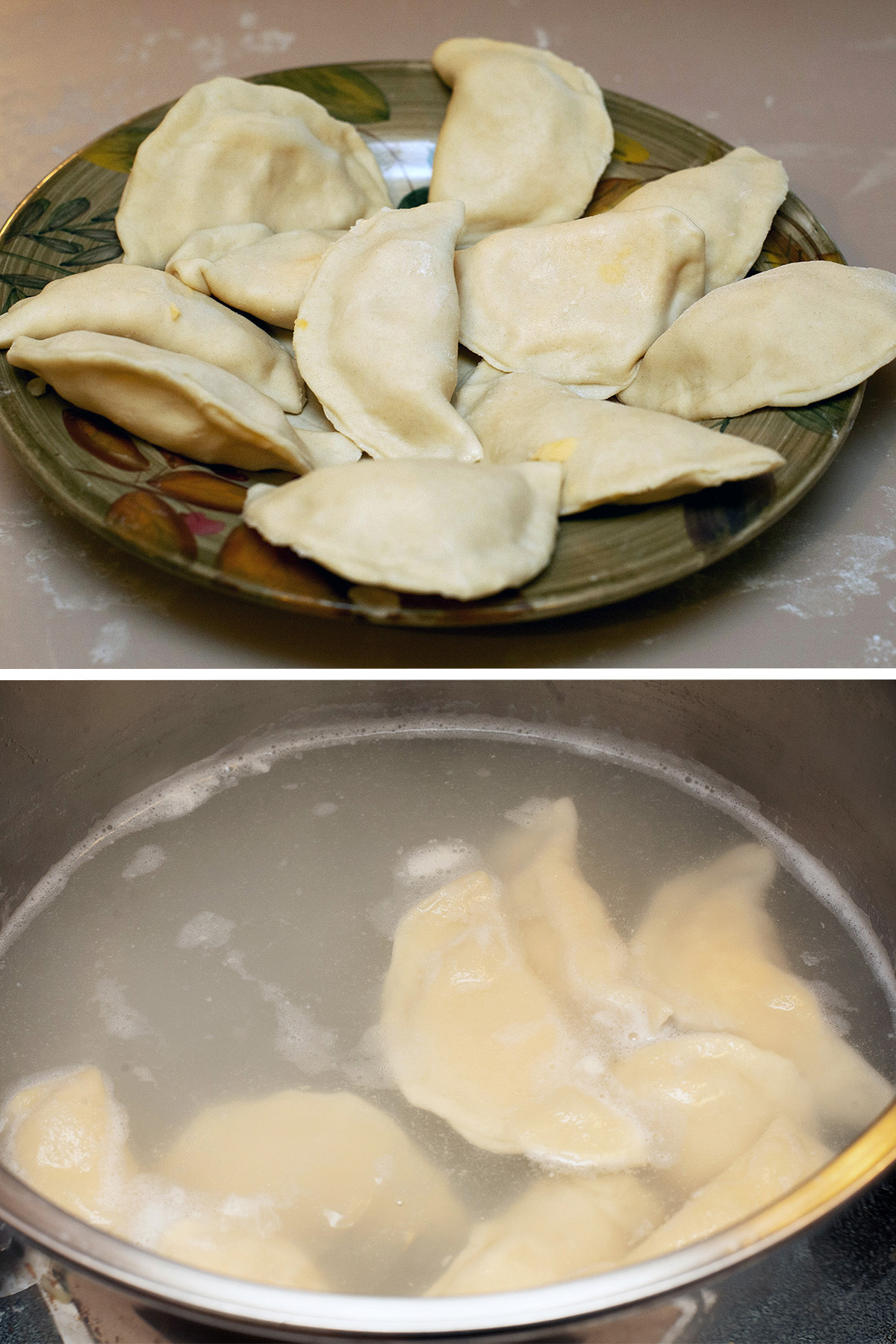 A 2 part image showing a plate of raw perogies, then those pierogi in a pow of boiling water.