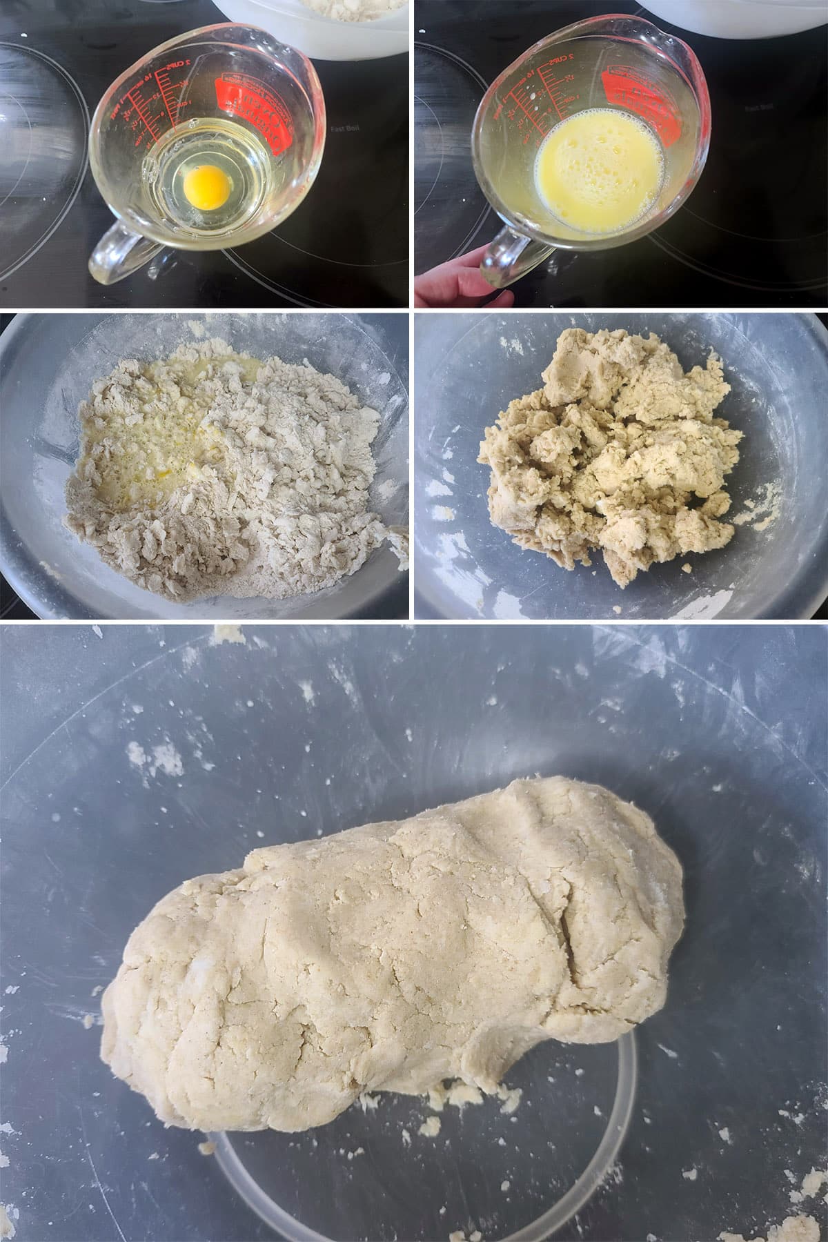 A 5 part image showing the wet ingredients being mixed and added to the dry ingredients, and the dough ball.