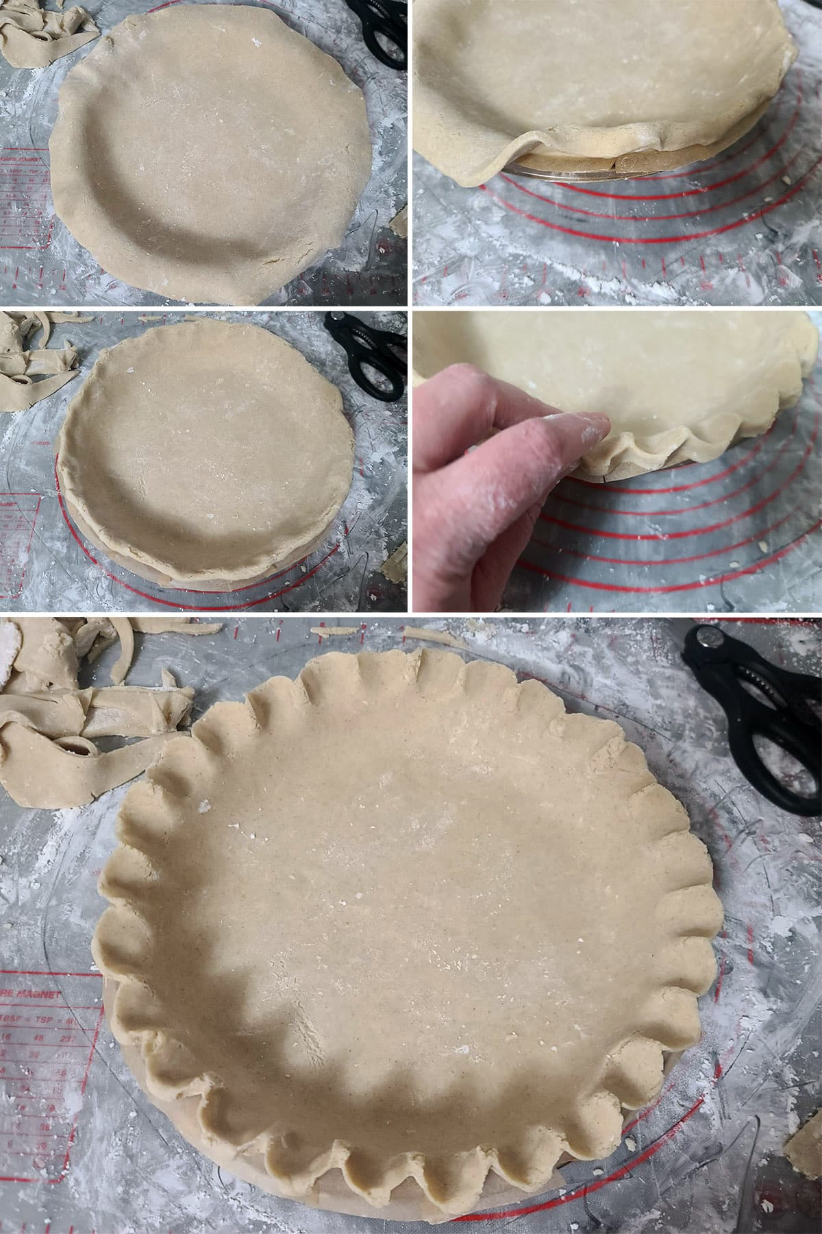 A 5 part image showing the pie crust being trimmed, tucked, and ruffled.