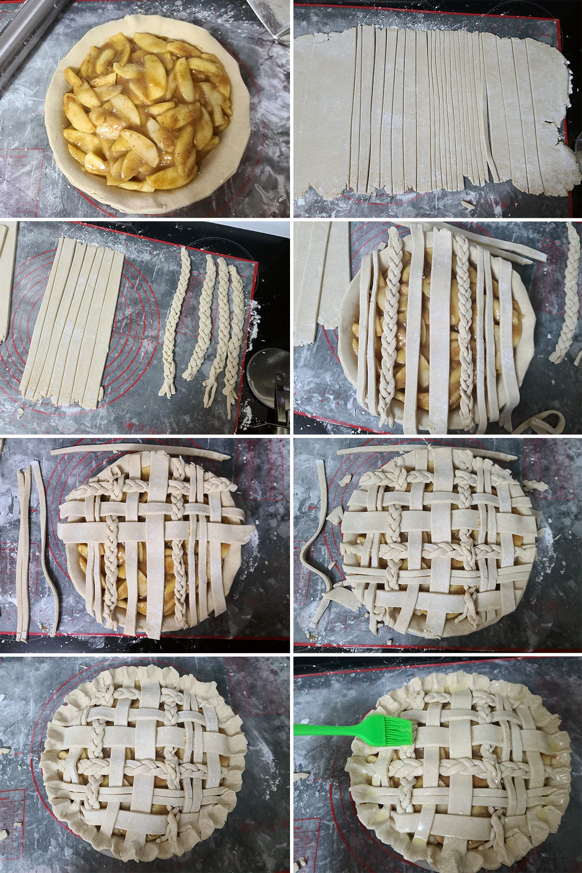 An 8 part image showing the pie crust being filled with apple pie filling and topped with a lattice made from the gluten-free pie crust.
