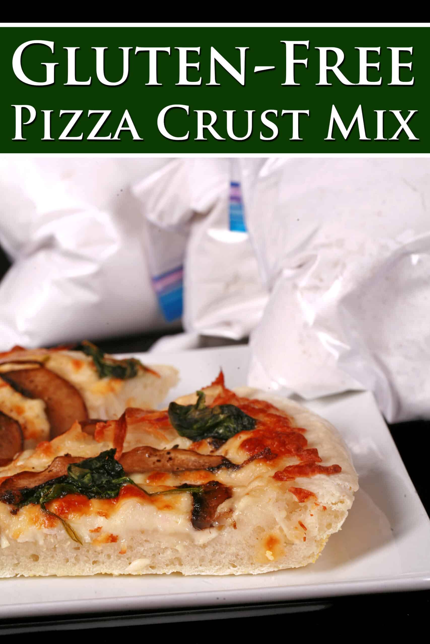 Several freezer bags of homemade gluten free pizza dough mix, with baked pizza on a plate. Overlaid text says gluten free pizza crust mix.