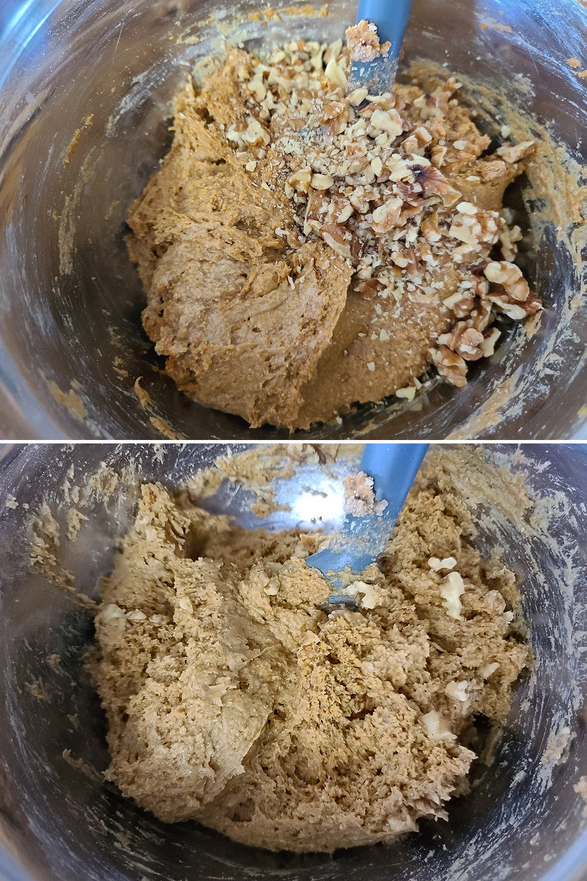 A 2 part image showing walnuts stirred into the gluten free pumpkin bread batter.