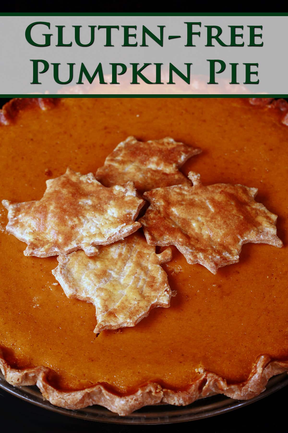 A close up view of the top of a gluten free pumpkin pie, topped with gluten-free pie crust maple leaves.