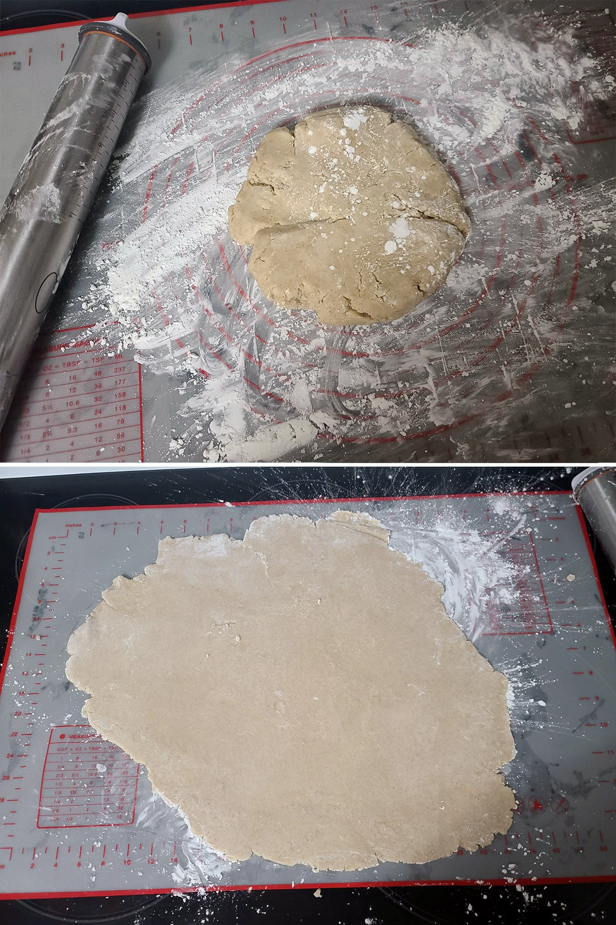 Gluten-free pie dough being rolled out on a surface dusted with cornstarch.