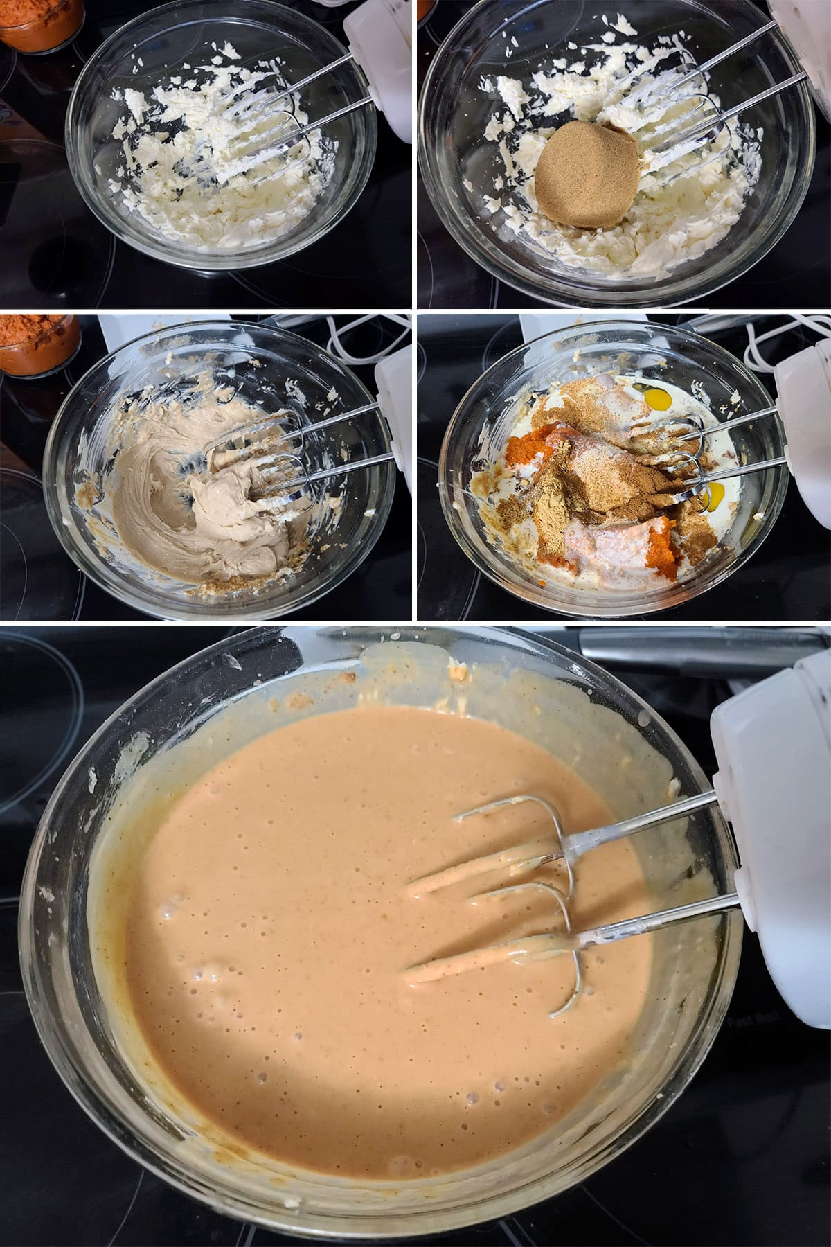 A 5 part image showing the pumpkin pie filling being mixed.