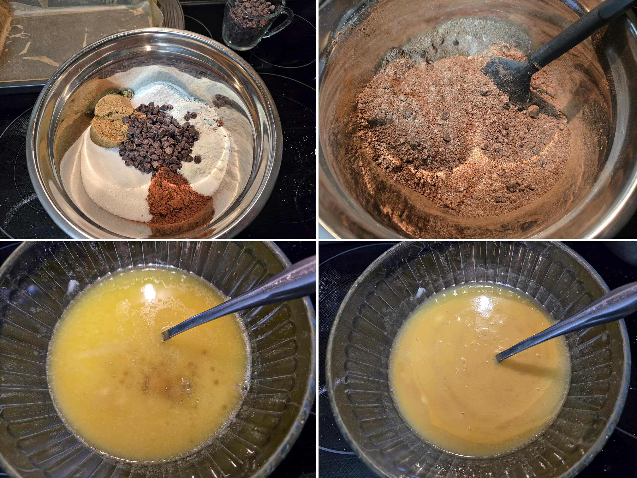 4 part image showing the dry ingredients being mixed in one bowl, and the wet ingredients being mixed in another.