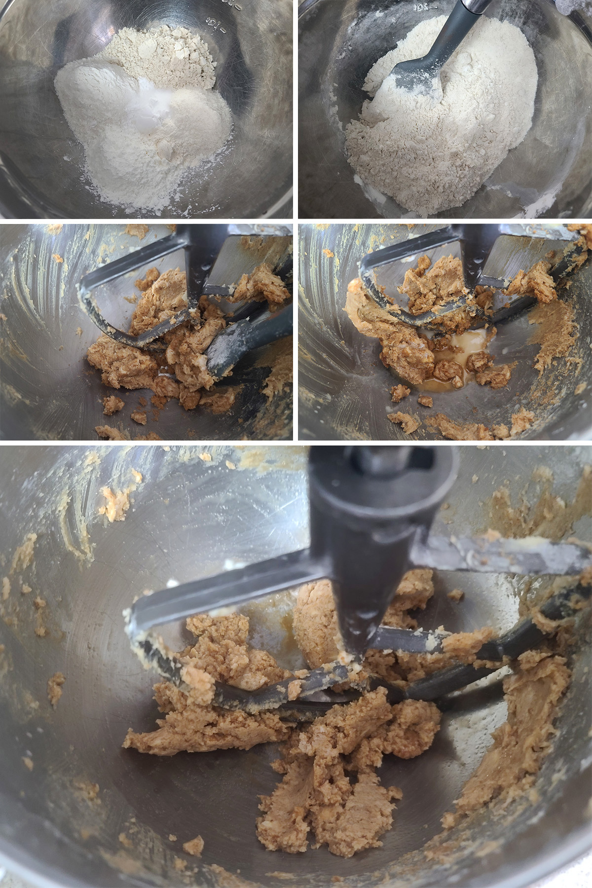 A 5 part image showing the dry ingredients being combined, and the sugar, butter, and milk being mixed together.