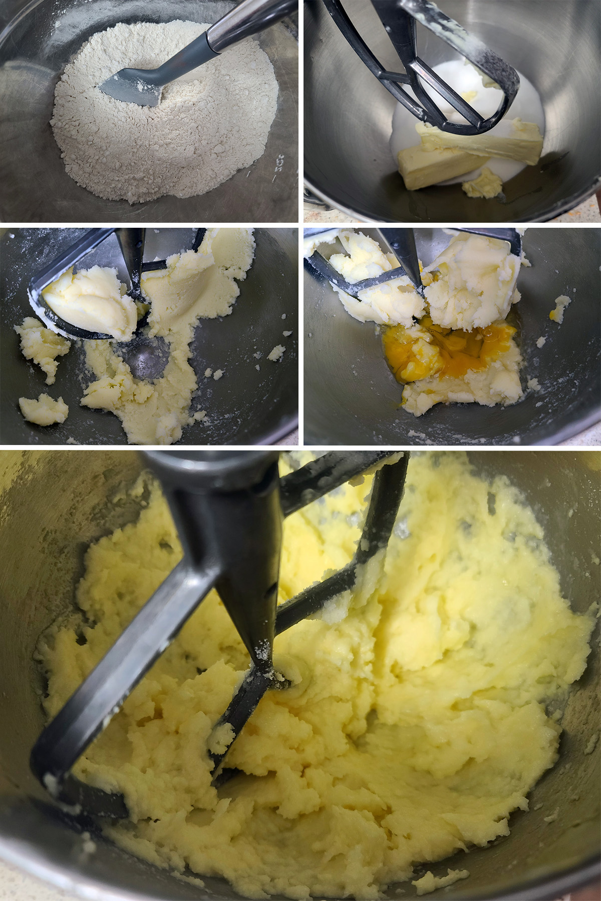 A 5 part image showing the dry ingredients being mixed, butter and sugar creamed, and eggs added to the mixer.